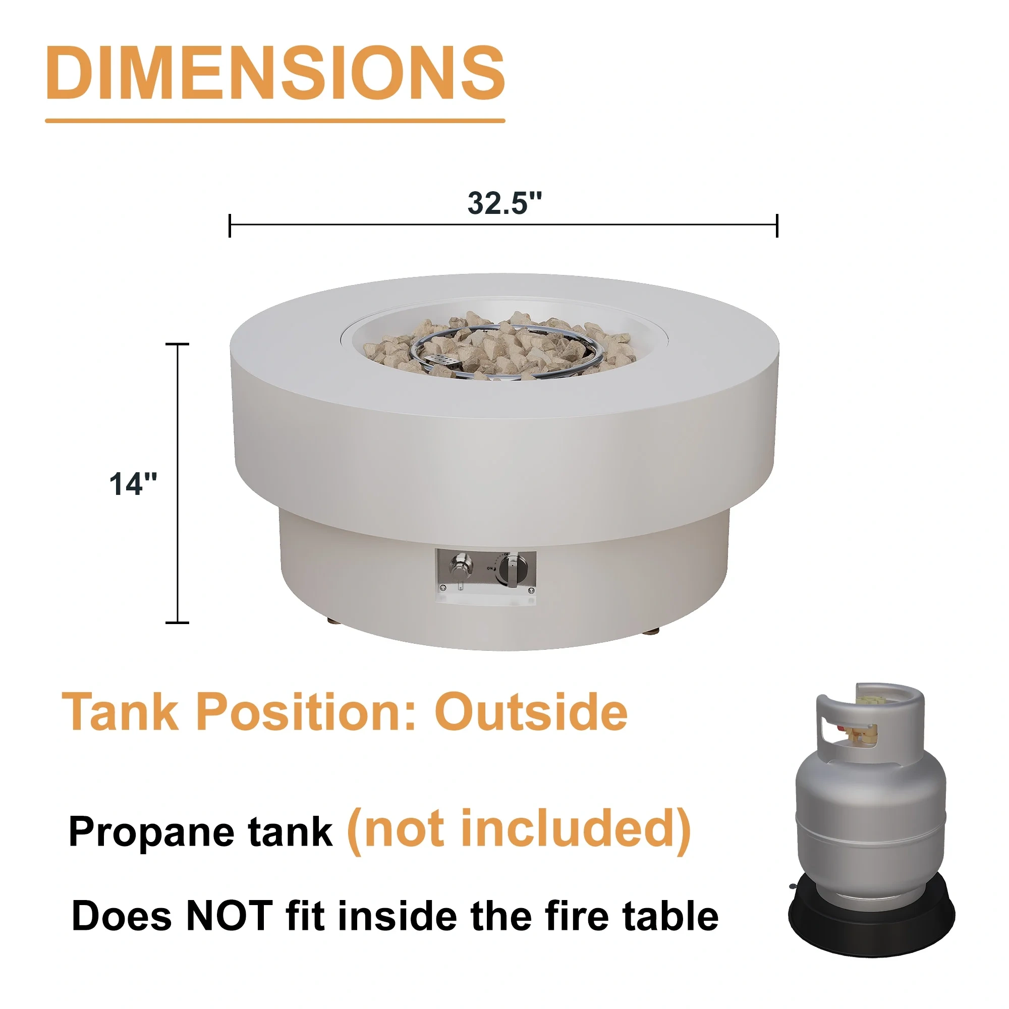 HongTaoK 32.5" Round Propane Free Fire Pit, 50K BTU Magnesium Oxide Outdoor Heater with Lava Rock, Gray