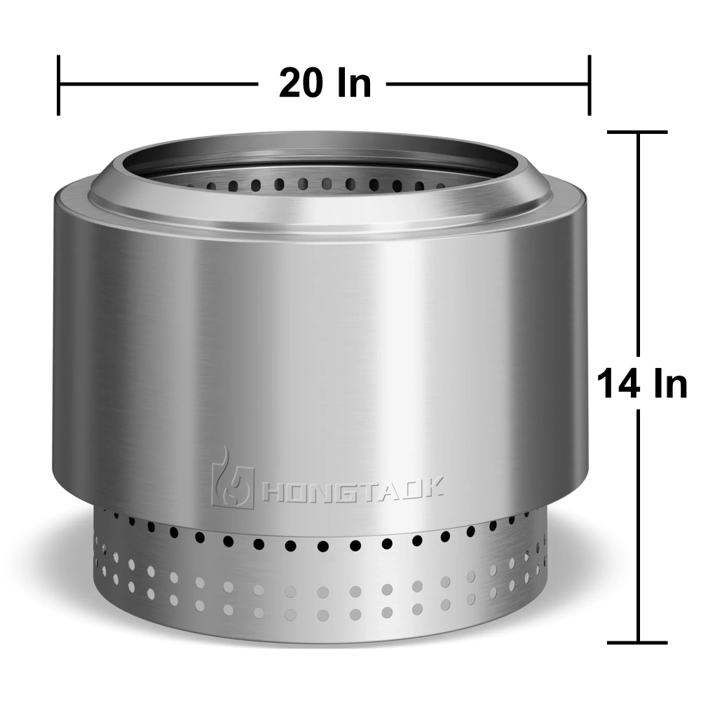 Hongtaok 20 inch Portable Smokeless Fire Pit Outdoor, Stainless Steel, Waterproof Cover and Poker Removable Ash Pan Included.