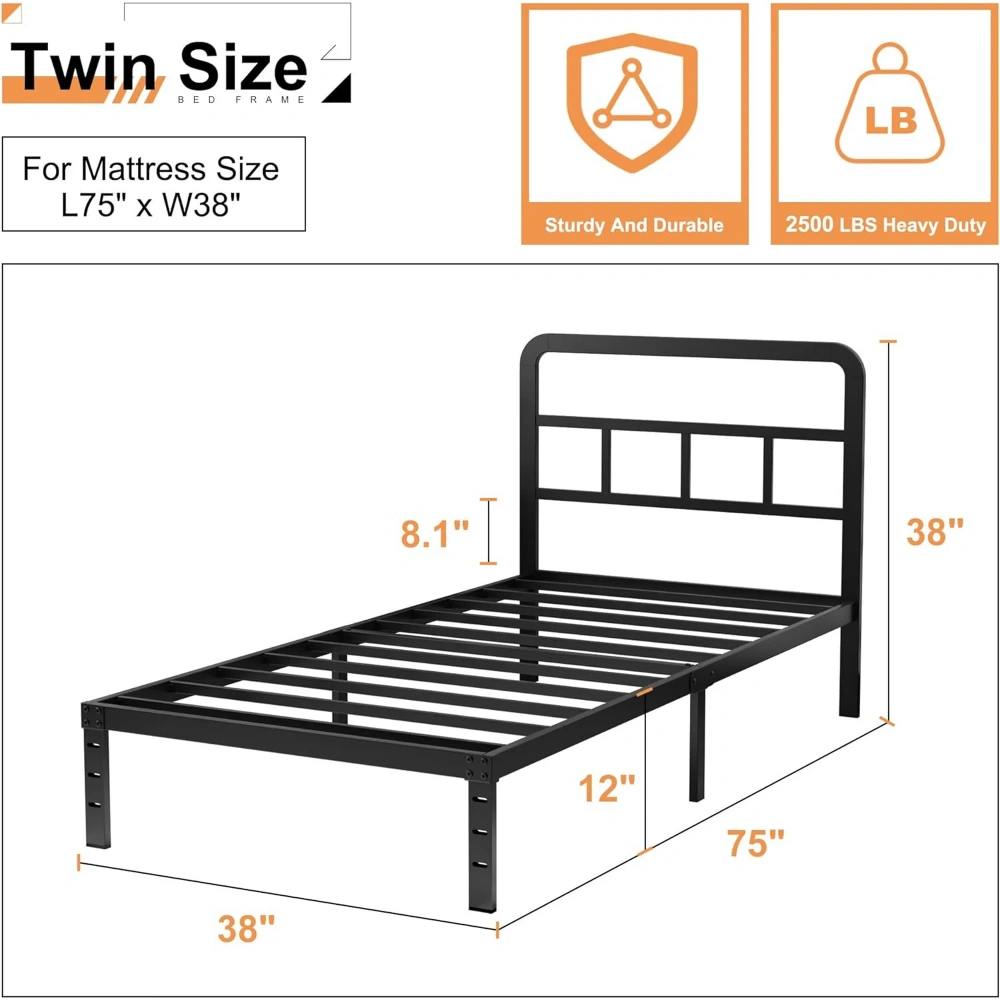 Maenizi Twin XL 12 inch Twin XL Metal Bed Frame No Box Spring Needed, Heavy Duty Metal Slats, Noise Free, Easy Assemble, Black