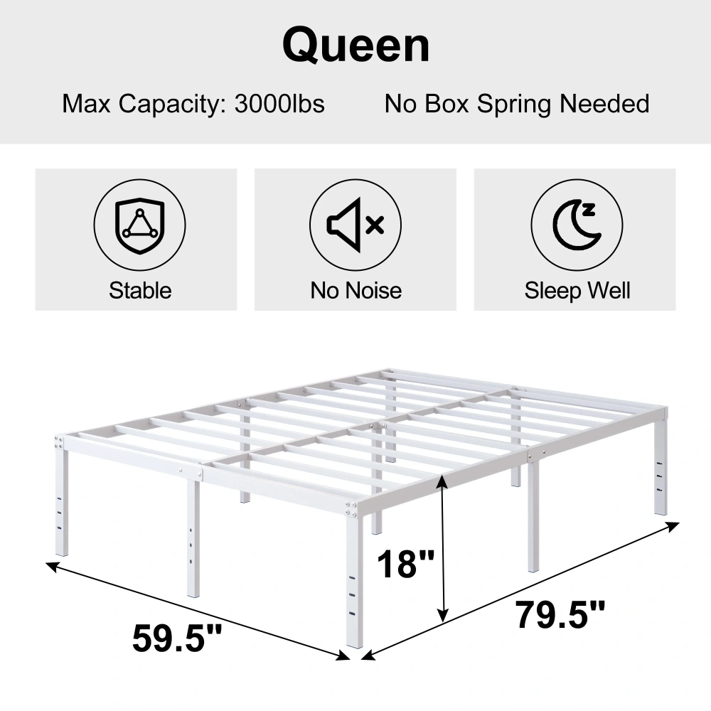 Maenize 18 inch Queen Bed Frame Heavy Duty Metal Platform No Box Spring Needed, Maximum Storage, Easy Assembly, Noise Free, White