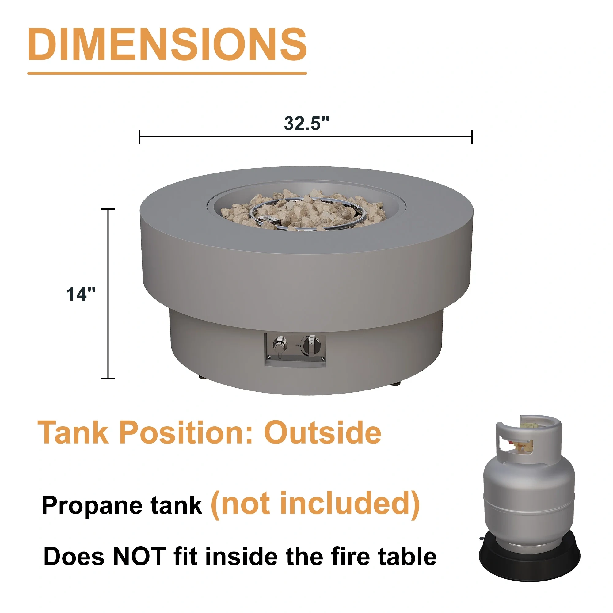 HongTaoK 32.5" Round Propane Free Fire Pit, 50K BTU Magnesium Oxide Outdoor Heater with Lava Rock, Gray