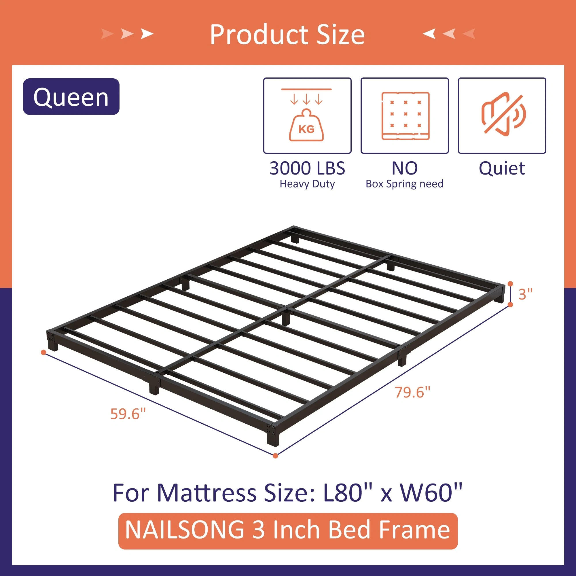 Maenizi 20 inch Queen Bed Frame No Box Spring Needed, Heavy Duty Metal Queen Platform Bed Frame Support Up to 3000 lbs, Easy Assembly, Noise Free, Black