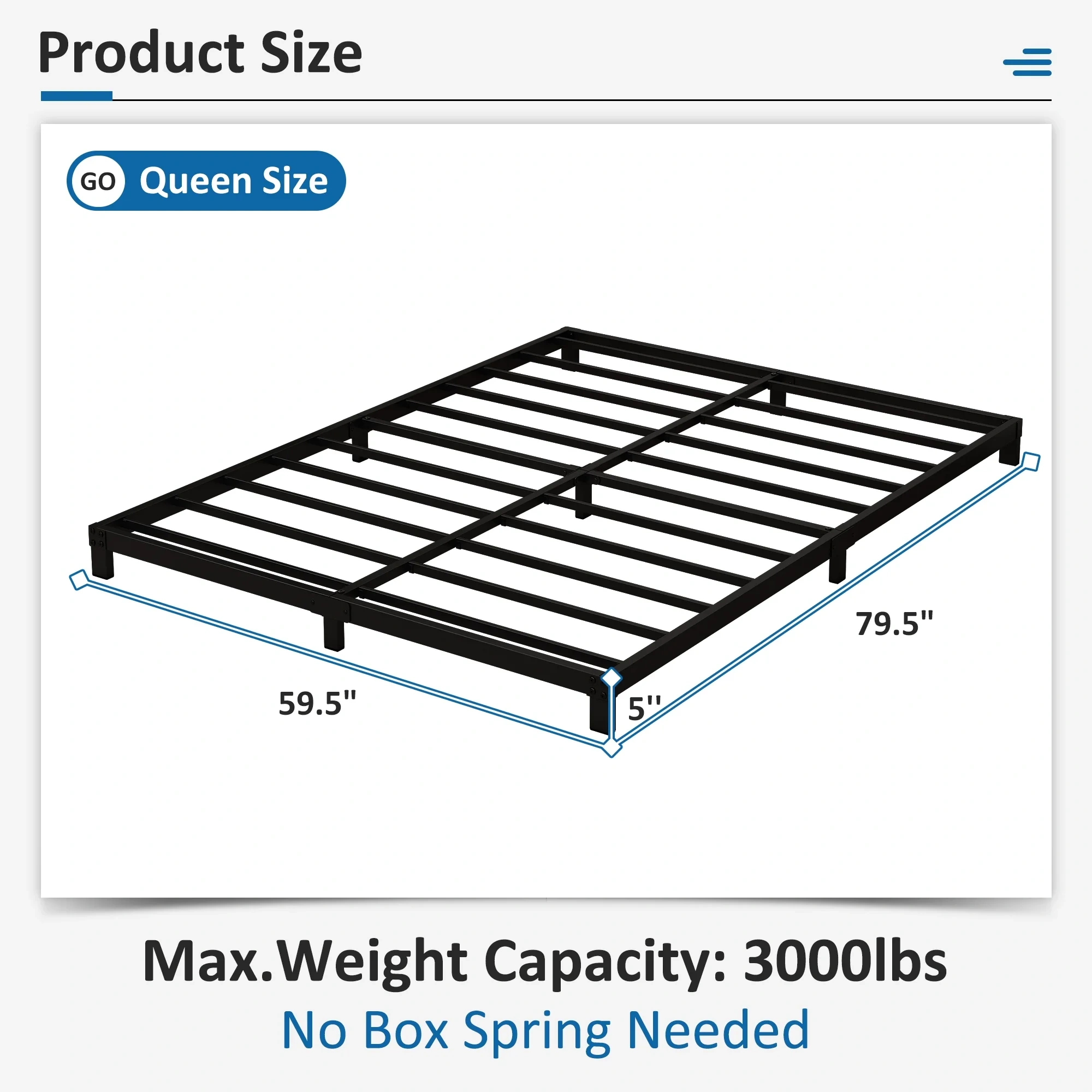 Maenizi 20 inch Queen Bed Frame No Box Spring Needed, Heavy Duty Metal Queen Platform Bed Frame Support Up to 3000 lbs, Easy Assembly, Noise Free, Black