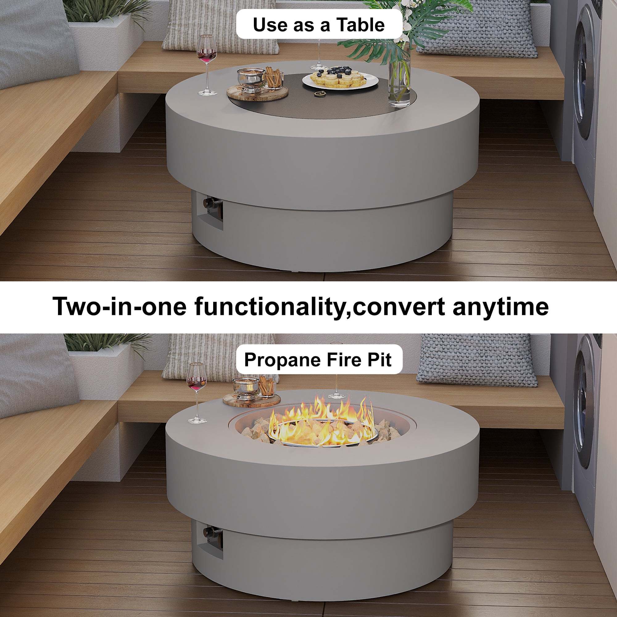 HongTaoK 32.5" Round Propane Free Fire Pit, 50K BTU Magnesium Oxide Outdoor Heater with Lava Rock, Gray