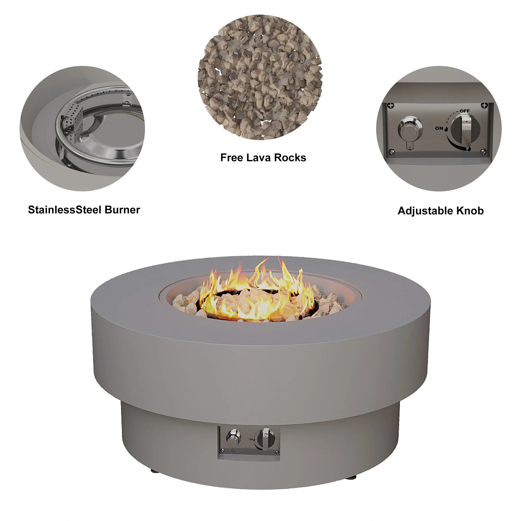 HongTaoK 32.5" Round Propane Free Fire Pit, 50K BTU Magnesium Oxide Outdoor Heater with Lava Rock, Gray