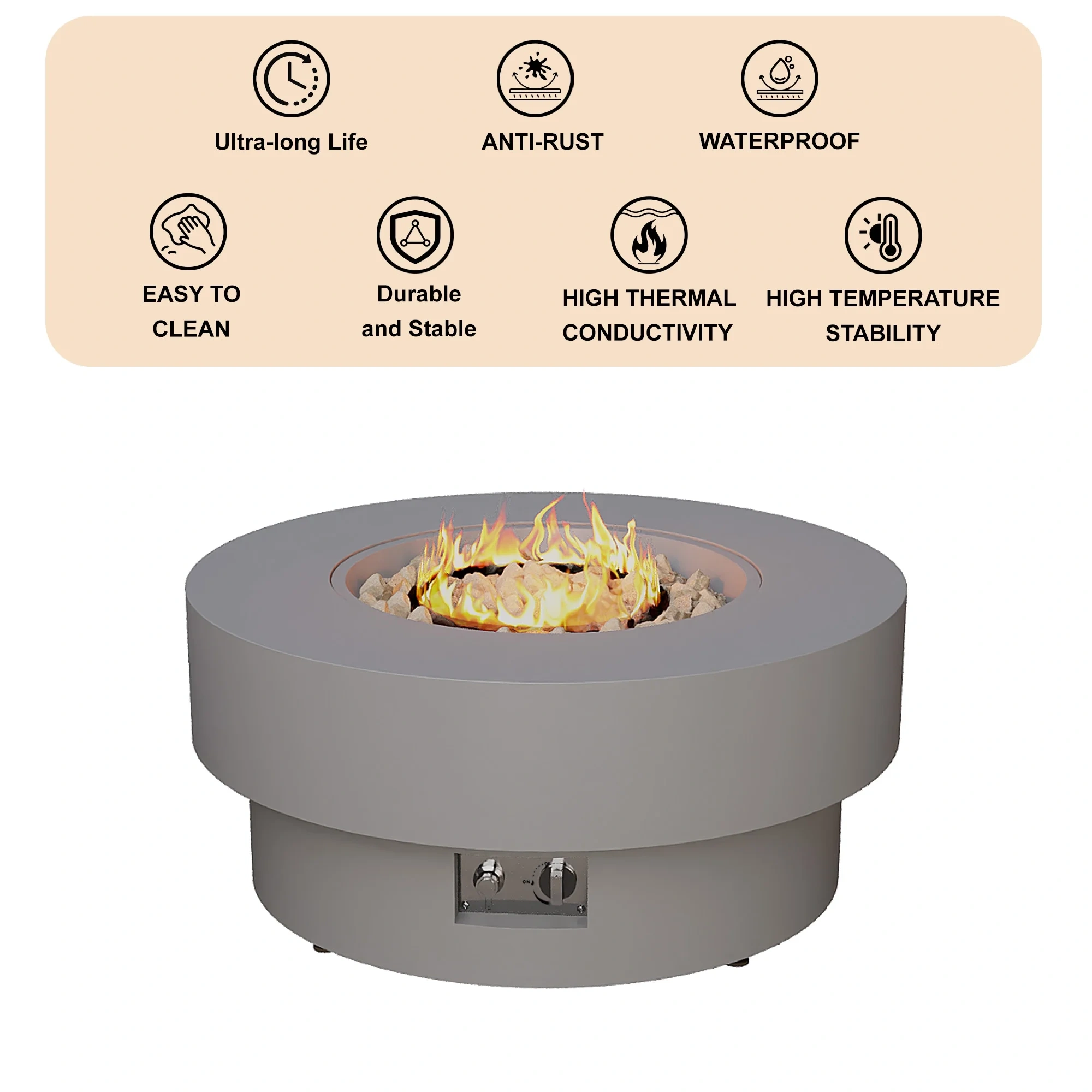 HongTaoK 32.5" Round Propane Free Fire Pit, 50K BTU Magnesium Oxide Outdoor Heater with Lava Rock, Gray