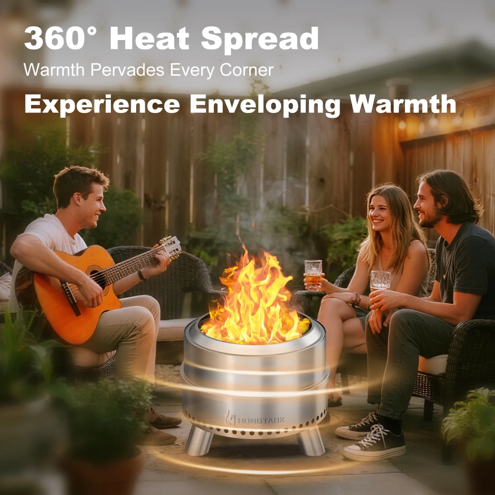 Hongtaok 20 inch Portable Smokeless Fire Pit Outdoor, Stainless Steel, Waterproof Cover and Poker Removable Ash Pan Included.