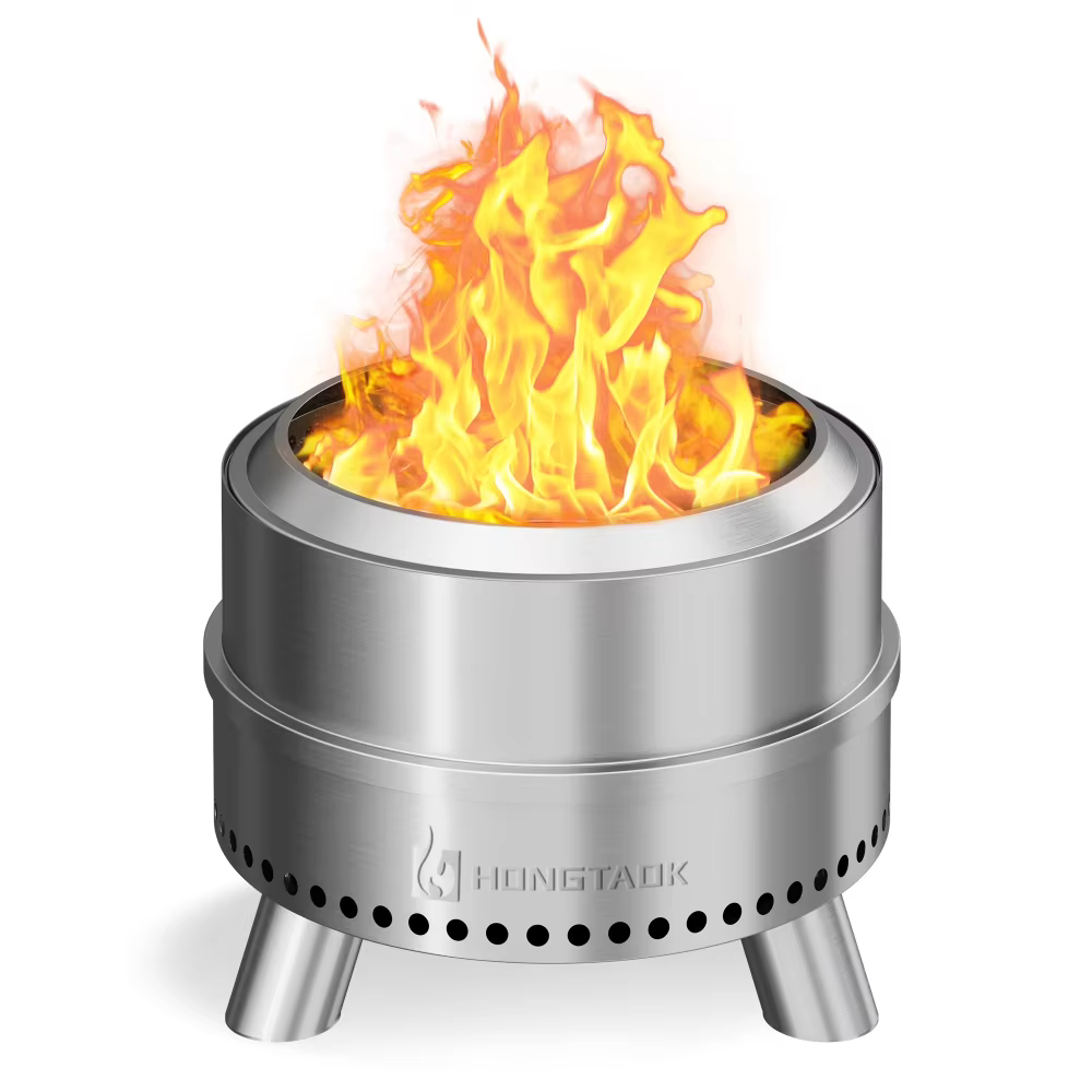 Hongtaok 20 inch Portable Smokeless Fire Pit Outdoor, Stainless Steel, Waterproof Cover and Poker Removable Ash Pan Included.