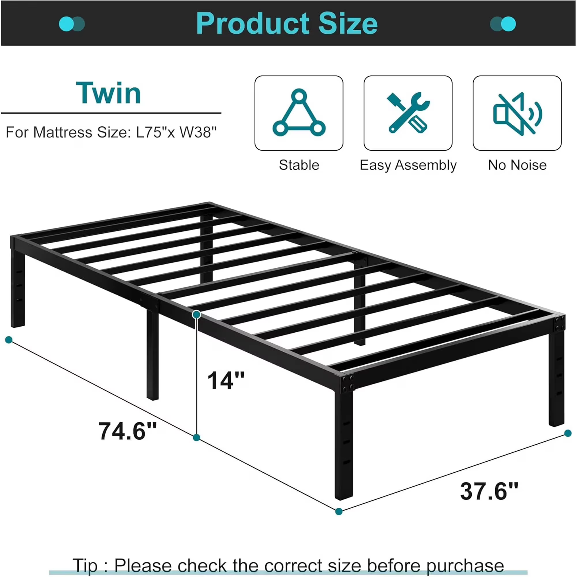 Maenize 14 inch Twin Bed Frames No Box Spring Needed, Heavy Duty Metal Twin Platform Bed Frame with Large Underbed Storage Space, Noise Free, Easy Assembly, Black