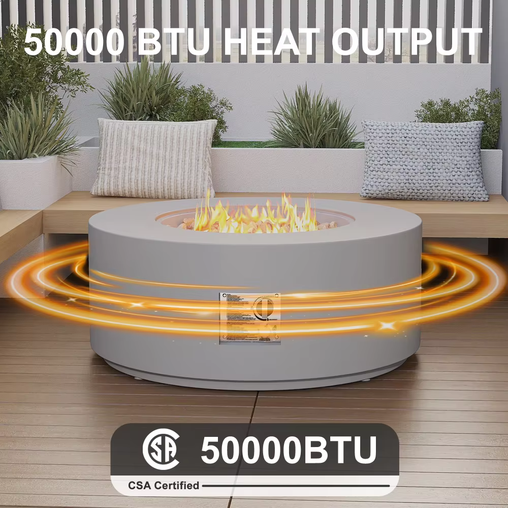 HongTaoK 32.5 inch Round Propane Fire Pit for Outside White 50K BTU Outdoor with Lava Rocks, All Weather Applicable, Gray