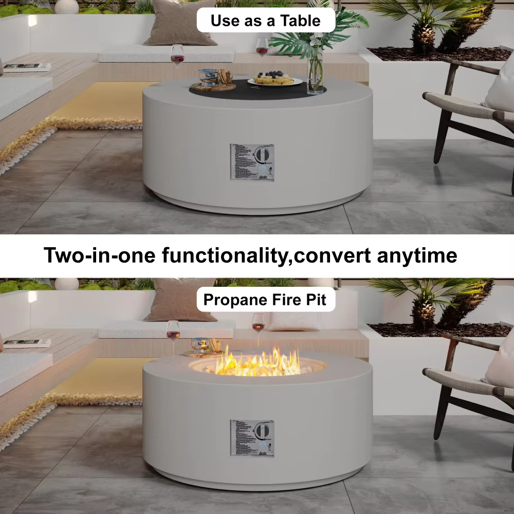 HongTaoK 32.5 inch Round Propane Fire Pit for Outside White 50K BTU Outdoor with Lava Rocks, All Weather Applicable, Gray