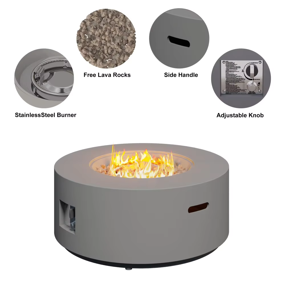 HongTaoK 32.5 inch Round Propane Fire Pit for Outside White 50K BTU Outdoor with Lava Rocks, All Weather Applicable, Gray