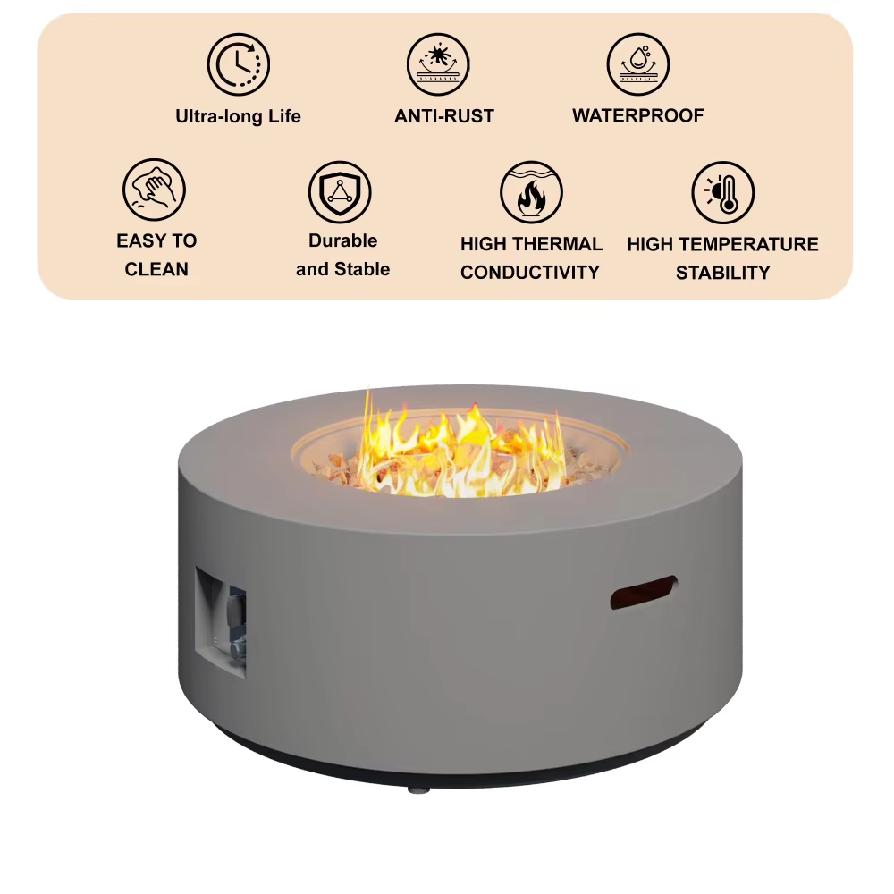 HongTaoK 32.5 inch Round Propane Fire Pit for Outside White 50K BTU Outdoor with Lava Rocks, All Weather Applicable, Gray