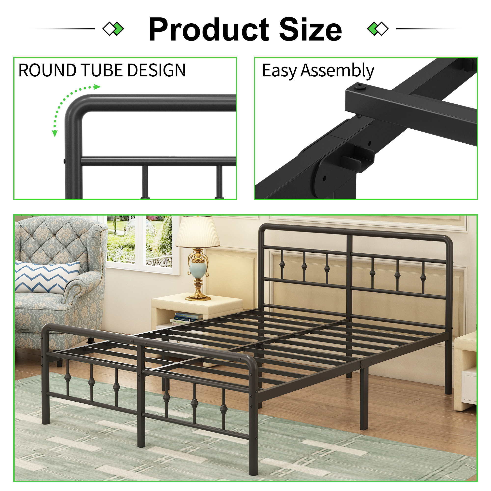 Maenizi 16 inch Bed Frames with Headboard and Footboard, Heavy Duty Metal Platform Bed Frame No Box Spring Needed, Easy Assembly, Under Bed Storage, Noise Free, Black