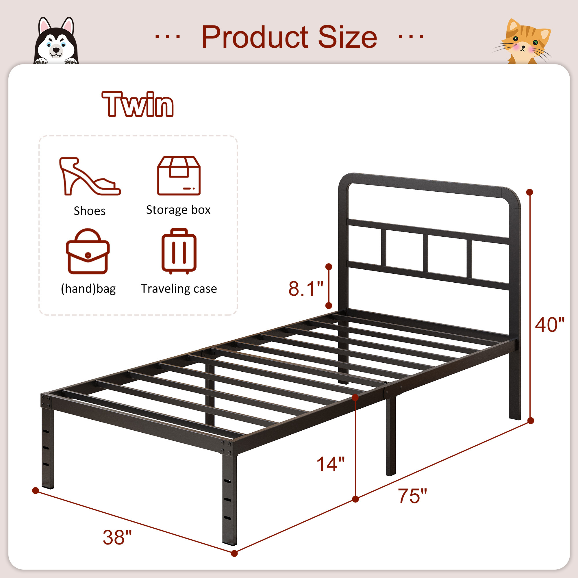 Maenizi 12 inch  Metal Bed Frame No Box Spring Needed, Heavy Duty Metal Slats, Noise Free, Easy Assemble, Black