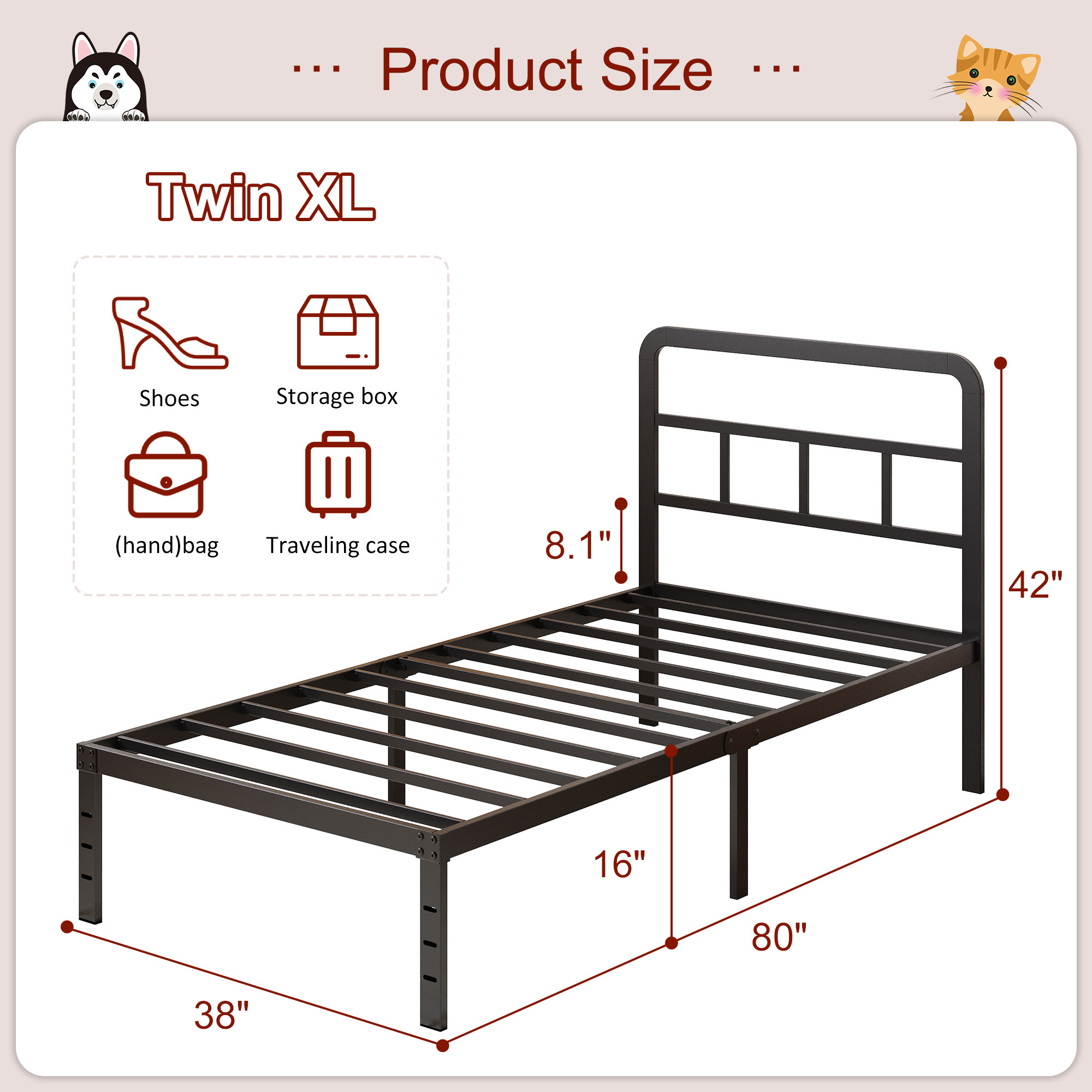 Maenizi 12 inch  Metal Bed Frame No Box Spring Needed, Heavy Duty Metal Slats, Noise Free, Easy Assemble, Black