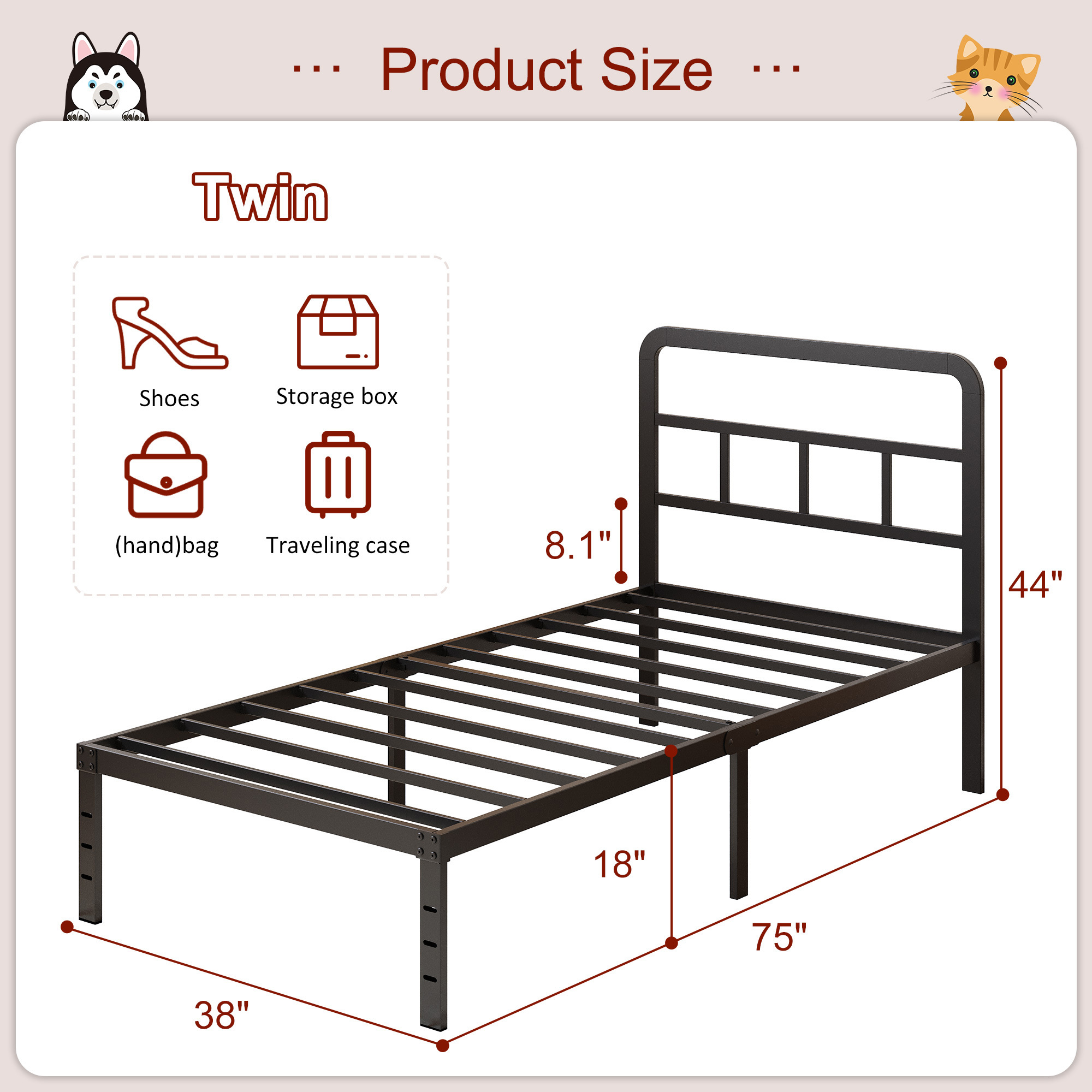 Maenizi 12 inch  Metal Bed Frame No Box Spring Needed, Heavy Duty Metal Slats, Noise Free, Easy Assemble, Black