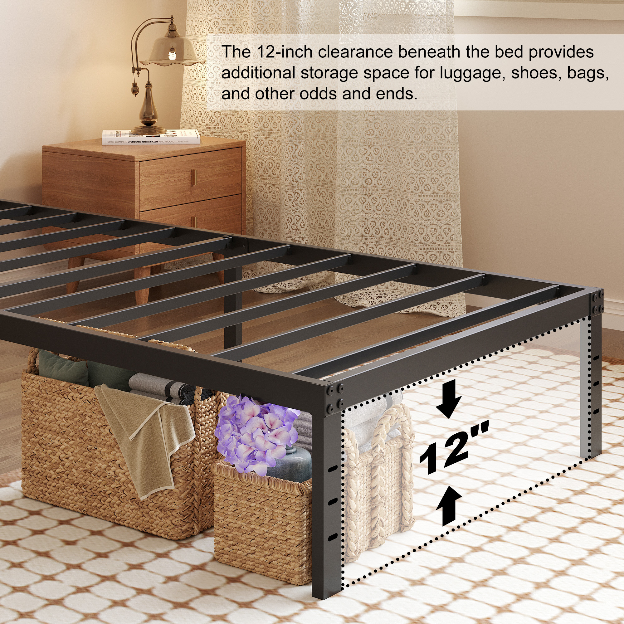 Maenizi 12 inch  Metal Bed Frame No Box Spring Needed, Heavy Duty Metal Slats, Noise Free, Easy Assemble, Black