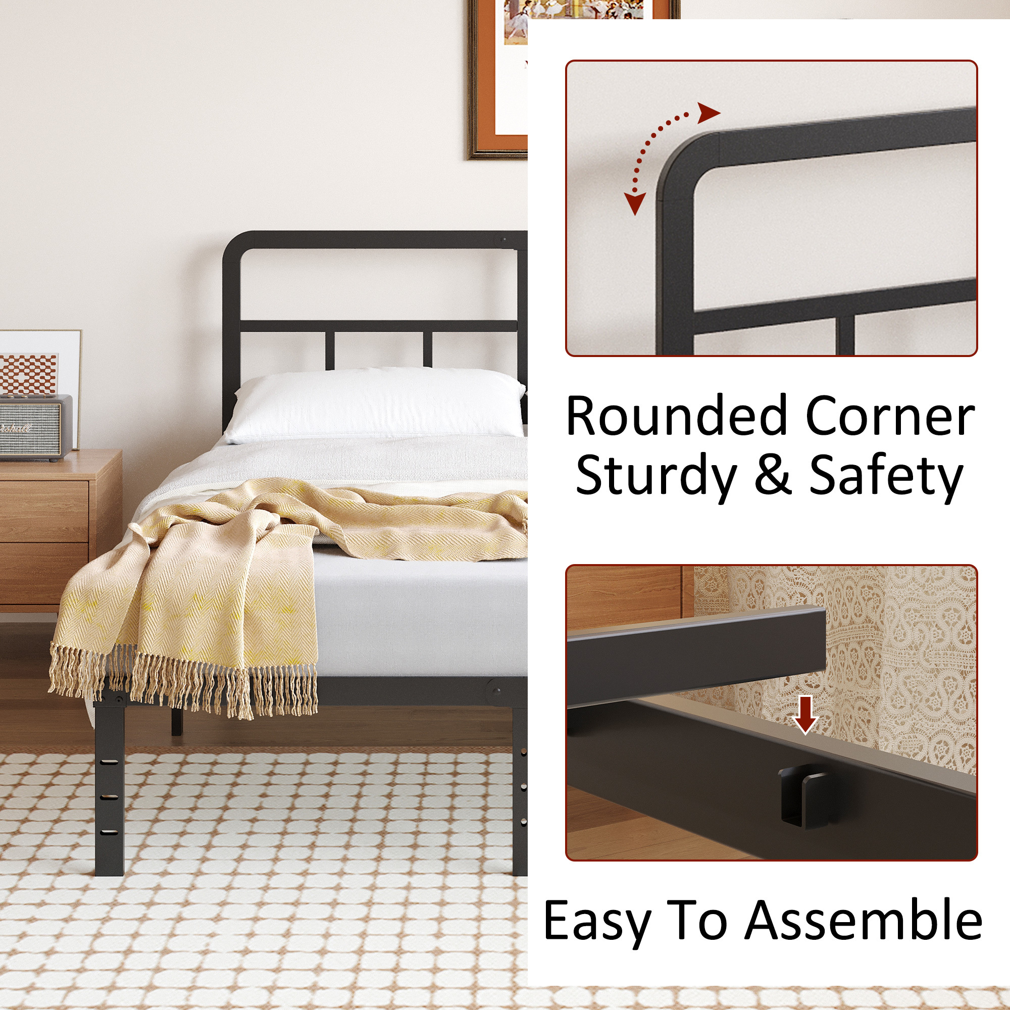 Maenizi 16 inch  Metal Bed Frame No Box Spring Needed, Heavy Duty Metal Slats, Noise Free, Easy Assemble, Black