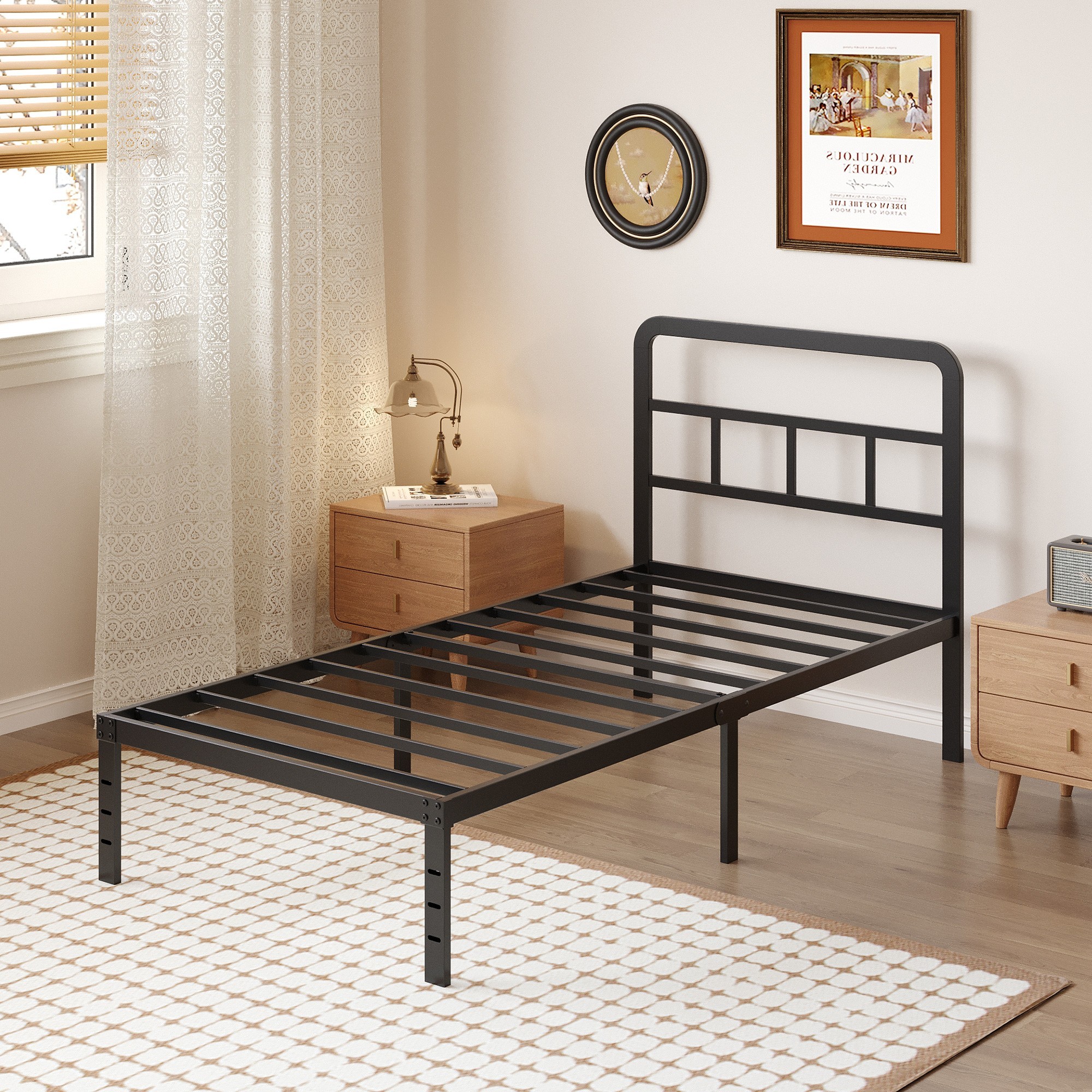 Maenizi 12 inch  Metal Bed Frame No Box Spring Needed, Heavy Duty Metal Slats, Noise Free, Easy Assemble, Black