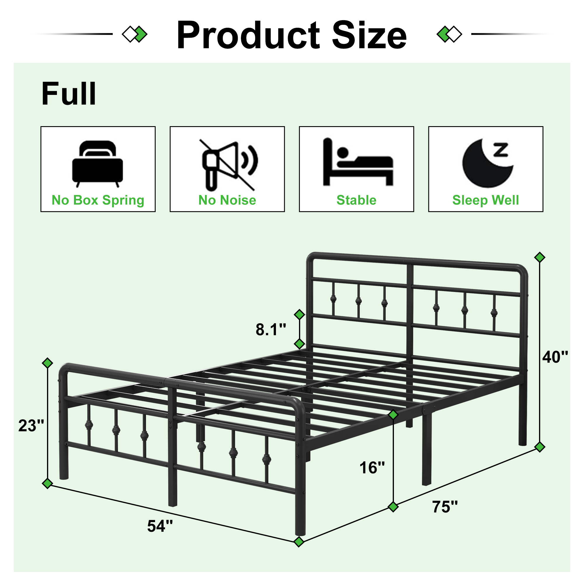 Maenizi 16 inch Bed Frames with Headboard and Footboard, Heavy Duty Metal Platform Bed Frame No Box Spring Needed, Easy Assembly, Under Bed Storage, Noise Free, Black