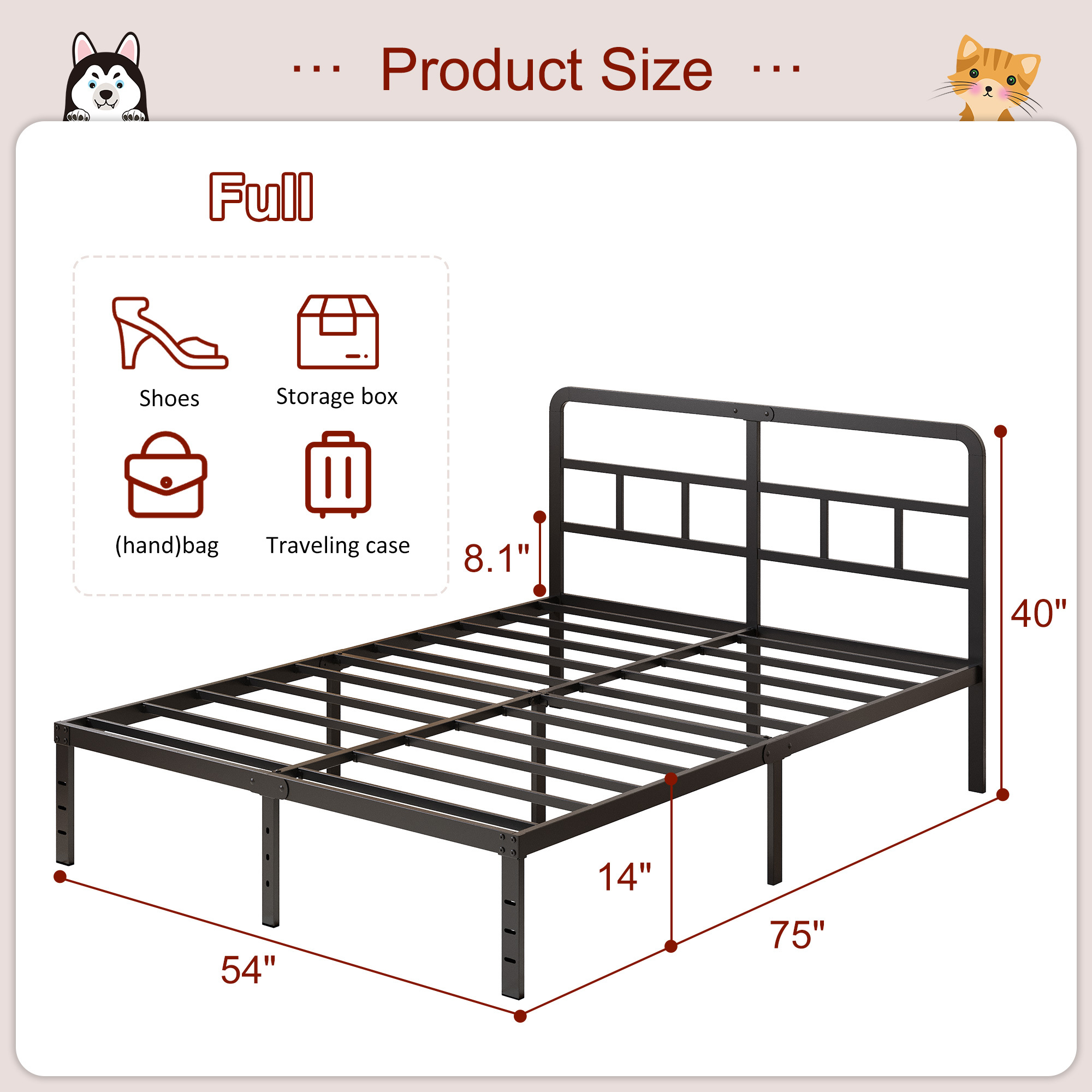 Maenizi 12 inch  Metal Bed Frame No Box Spring Needed, Heavy Duty Metal Slats, Noise Free, Easy Assemble, Black