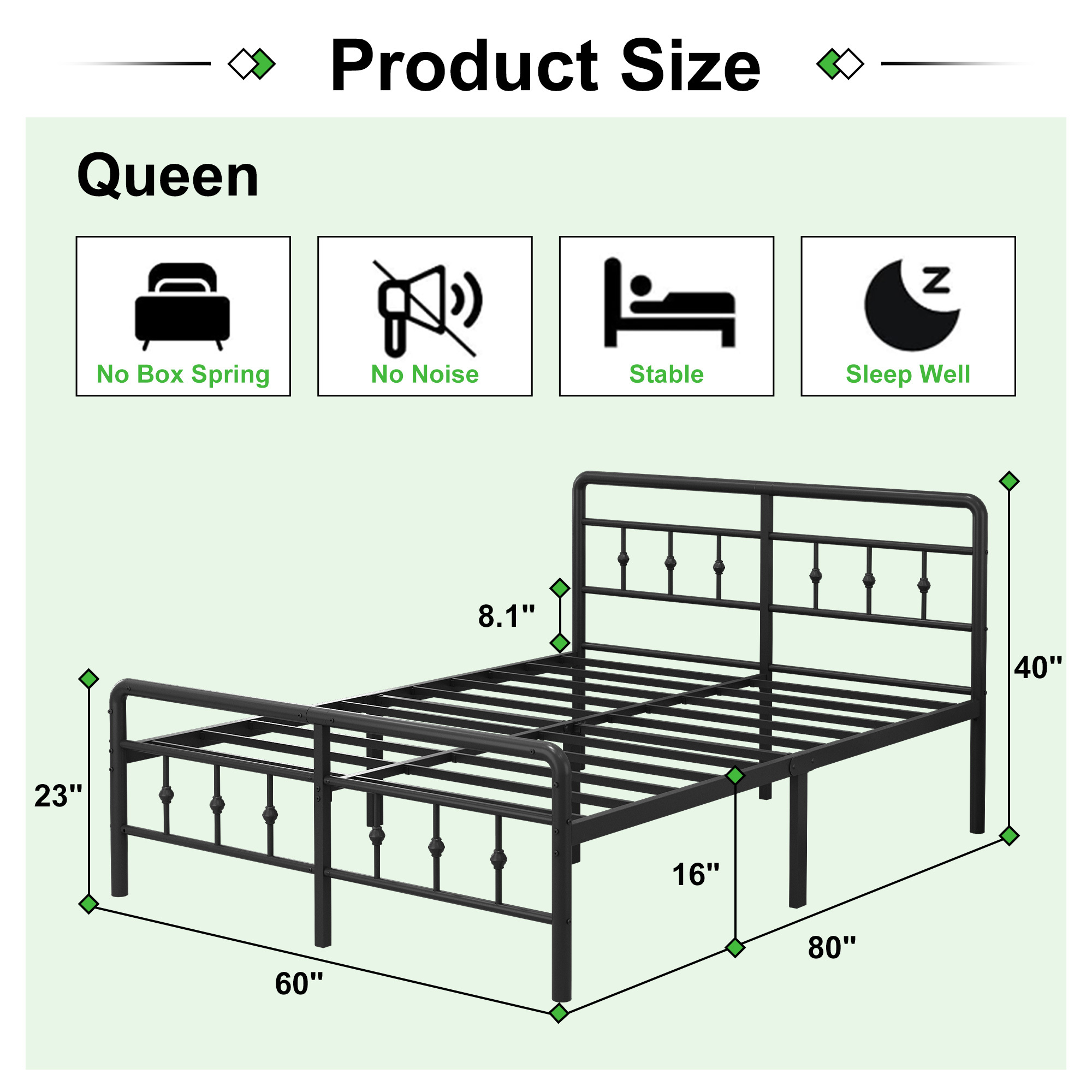 Maenizi 16 inch Bed Frames with Headboard and Footboard, Heavy Duty Metal Platform Bed Frame No Box Spring Needed, Easy Assembly, Under Bed Storage, Noise Free, Black