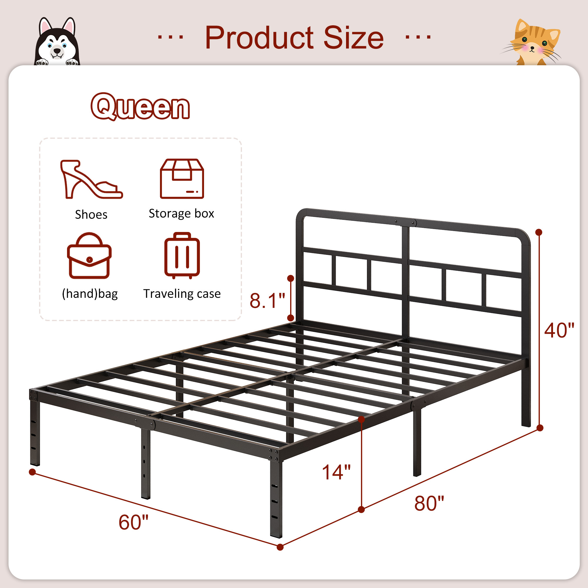 Maenizi 12 inch  Metal Bed Frame No Box Spring Needed, Heavy Duty Metal Slats, Noise Free, Easy Assemble, Black