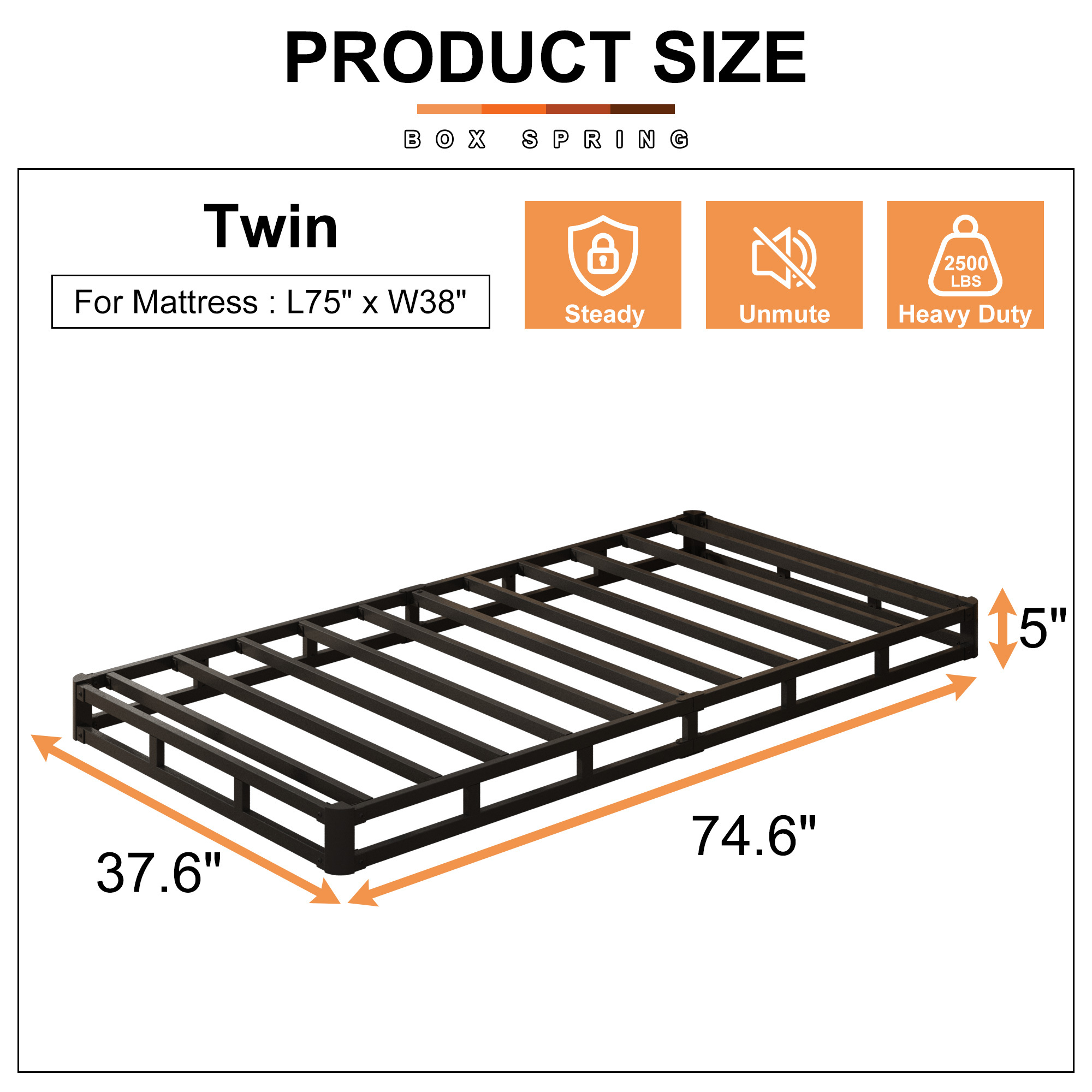 Maenizi 5 inch Low Profile Box Spring, Heavy Duty Metal with Fabric Cover, Easy Assembly, Noise Free, Black