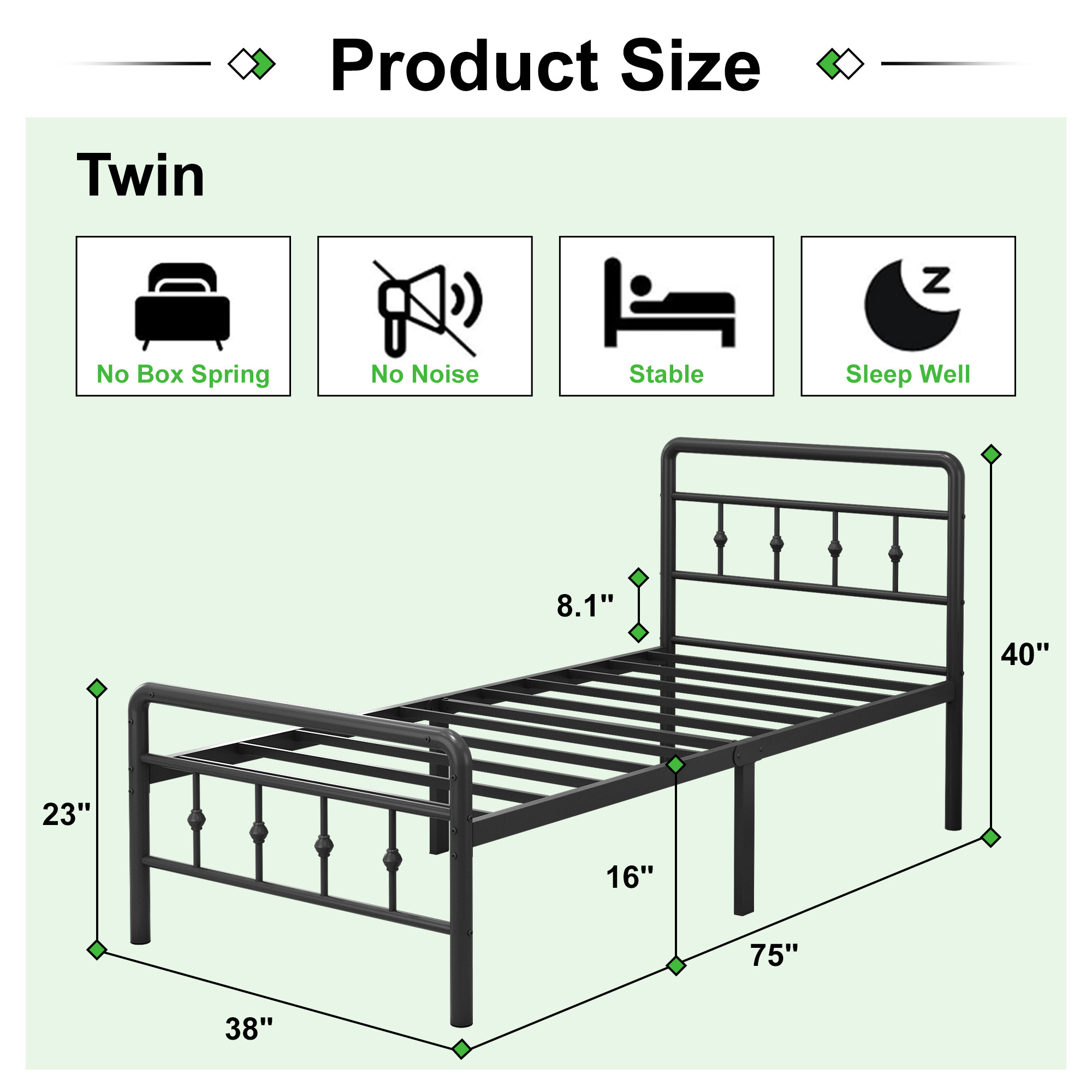 Maenizi 16 inch Bed Frames with Headboard and Footboard, Heavy Duty Metal Platform Bed Frame No Box Spring Needed, Easy Assembly, Under Bed Storage, Noise Free, Black