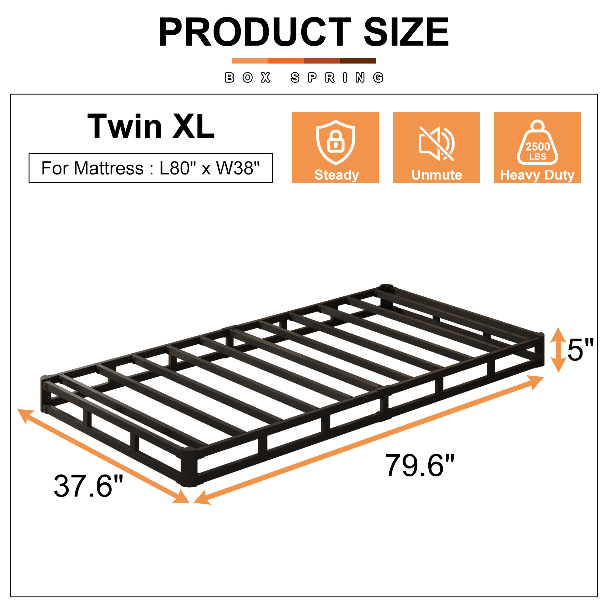 Maenizi 5 inch Low Profile Box Spring, Heavy Duty Metal with Fabric Cover, Easy Assembly, Noise Free, Black
