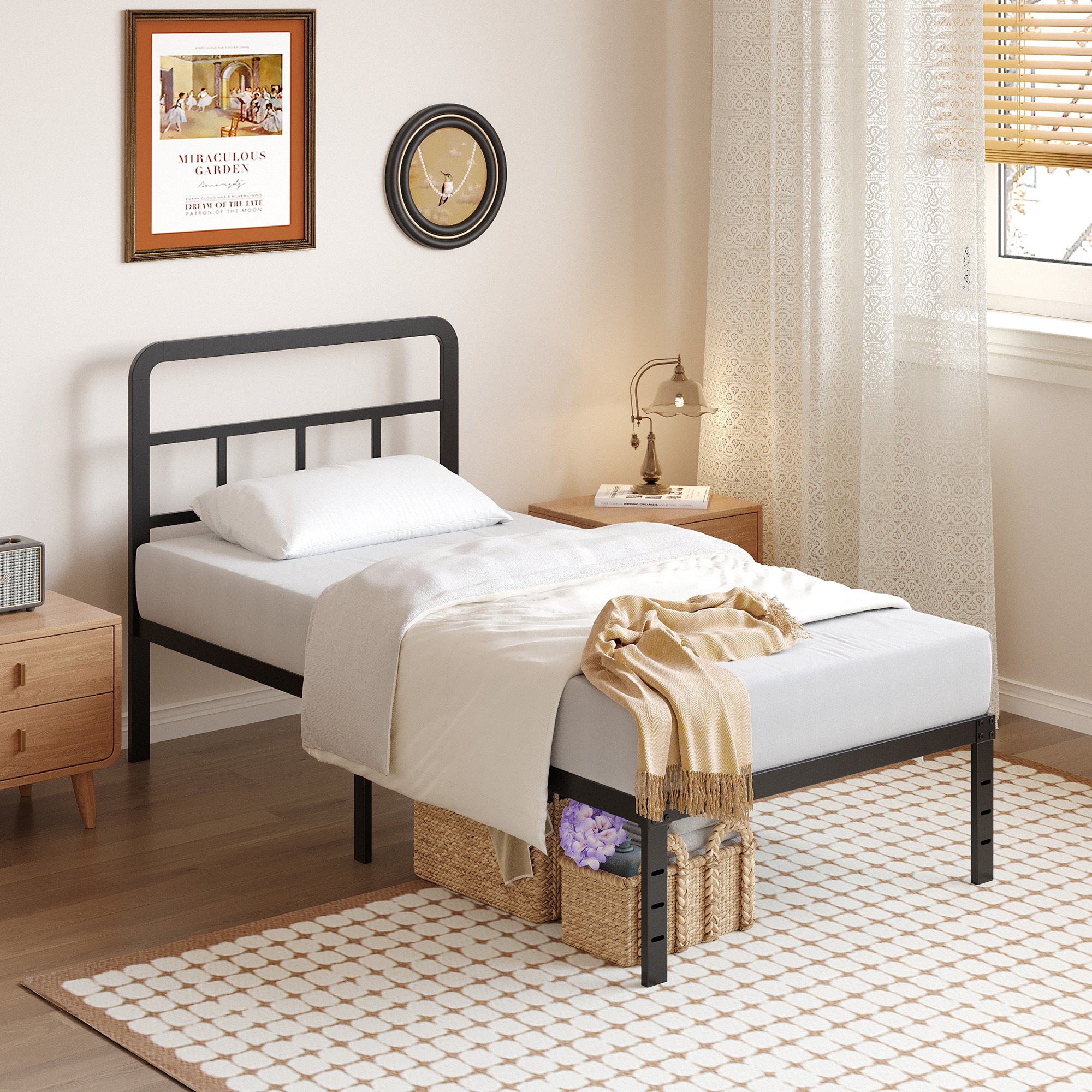 Maenizi 12 inch  Metal Bed Frame No Box Spring Needed, Heavy Duty Metal Slats, Noise Free, Easy Assemble, Black