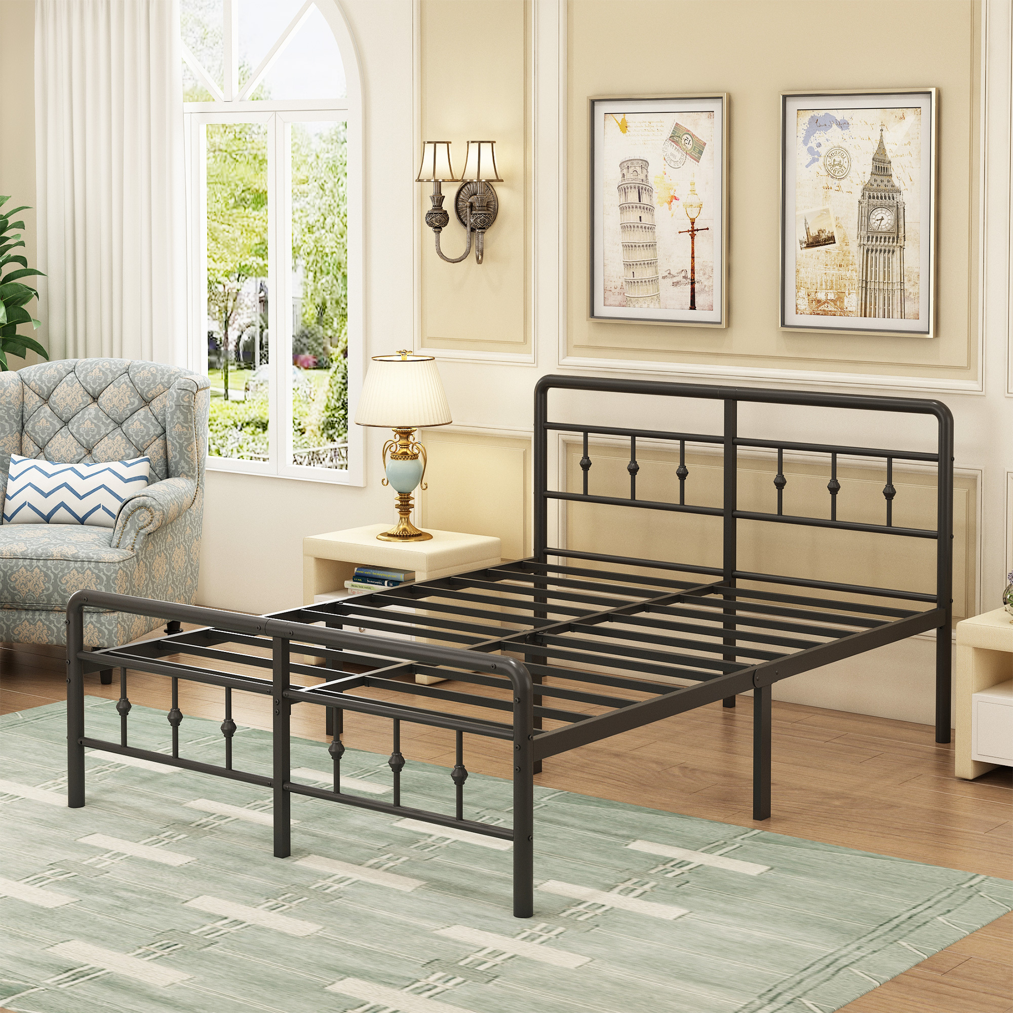 Maenizi 16 inch Bed Frames with Headboard and Footboard, Heavy Duty Metal Platform Bed Frame No Box Spring Needed, Easy Assembly, Under Bed Storage, Noise Free, Black