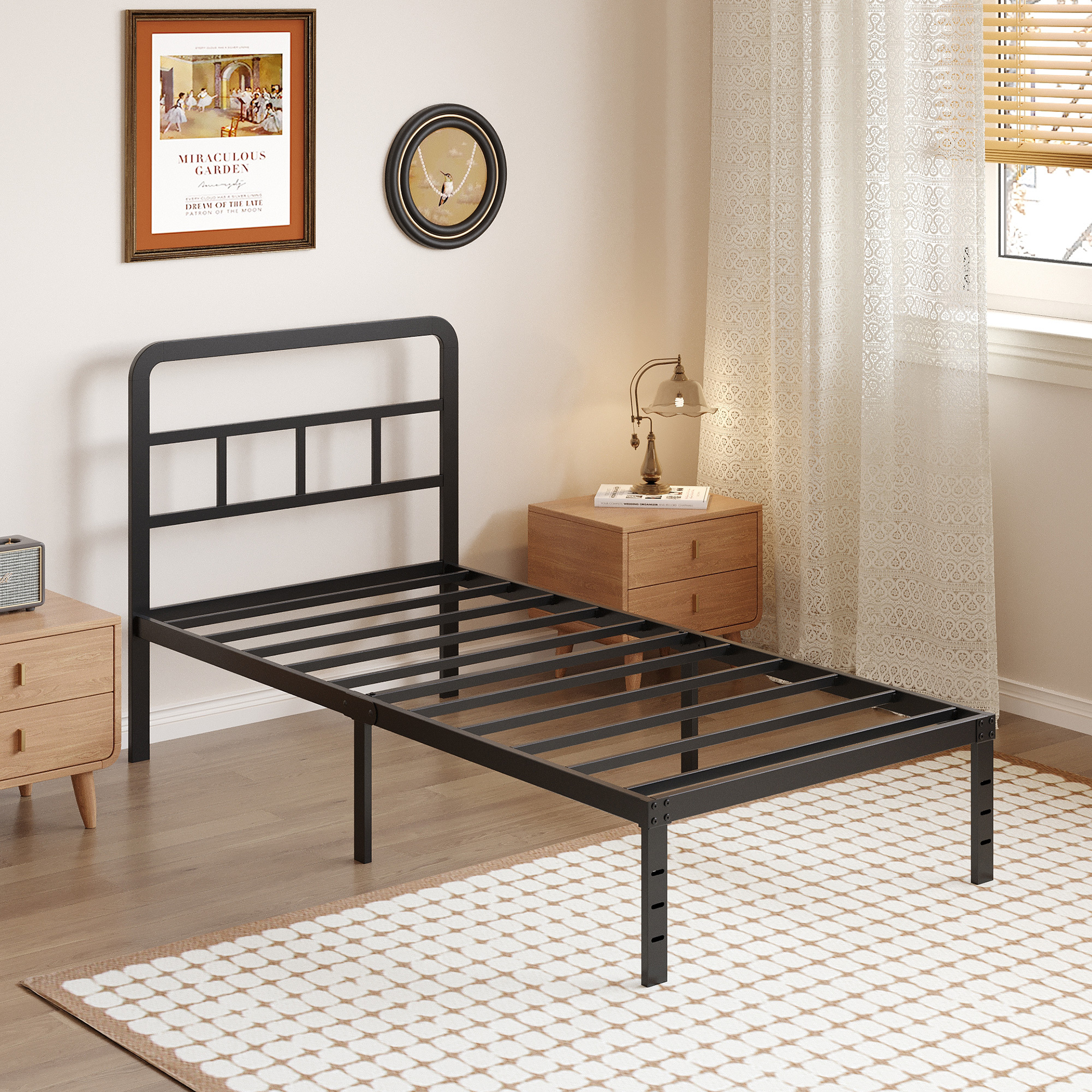 Maenizi 12 inch  Metal Bed Frame No Box Spring Needed, Heavy Duty Metal Slats, Noise Free, Easy Assemble, Black