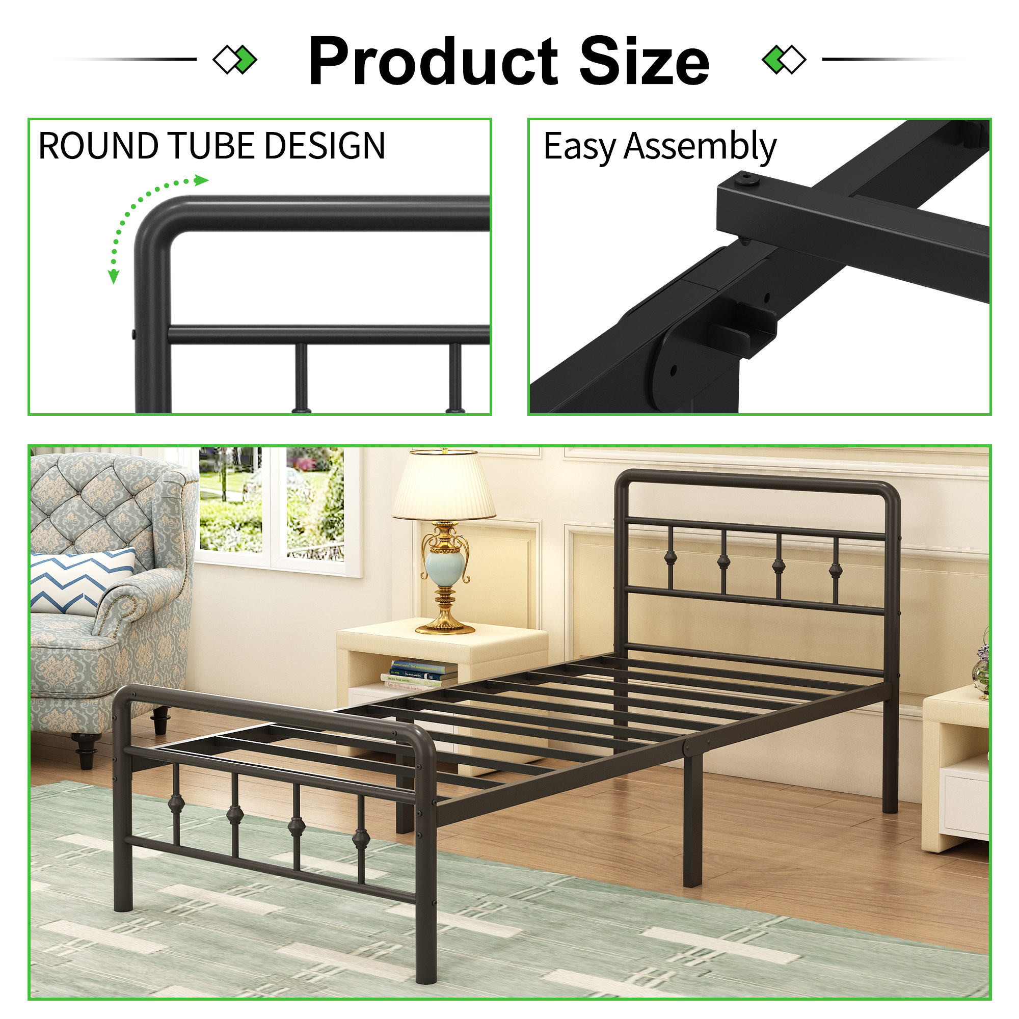 Maenizi 12 inch Bed Frames with Headboard and Footboard, Heavy Duty Metal Platform Bed Frame No Box Spring Needed, Easy Assembly, Under Bed Storage, Noise Free, Black