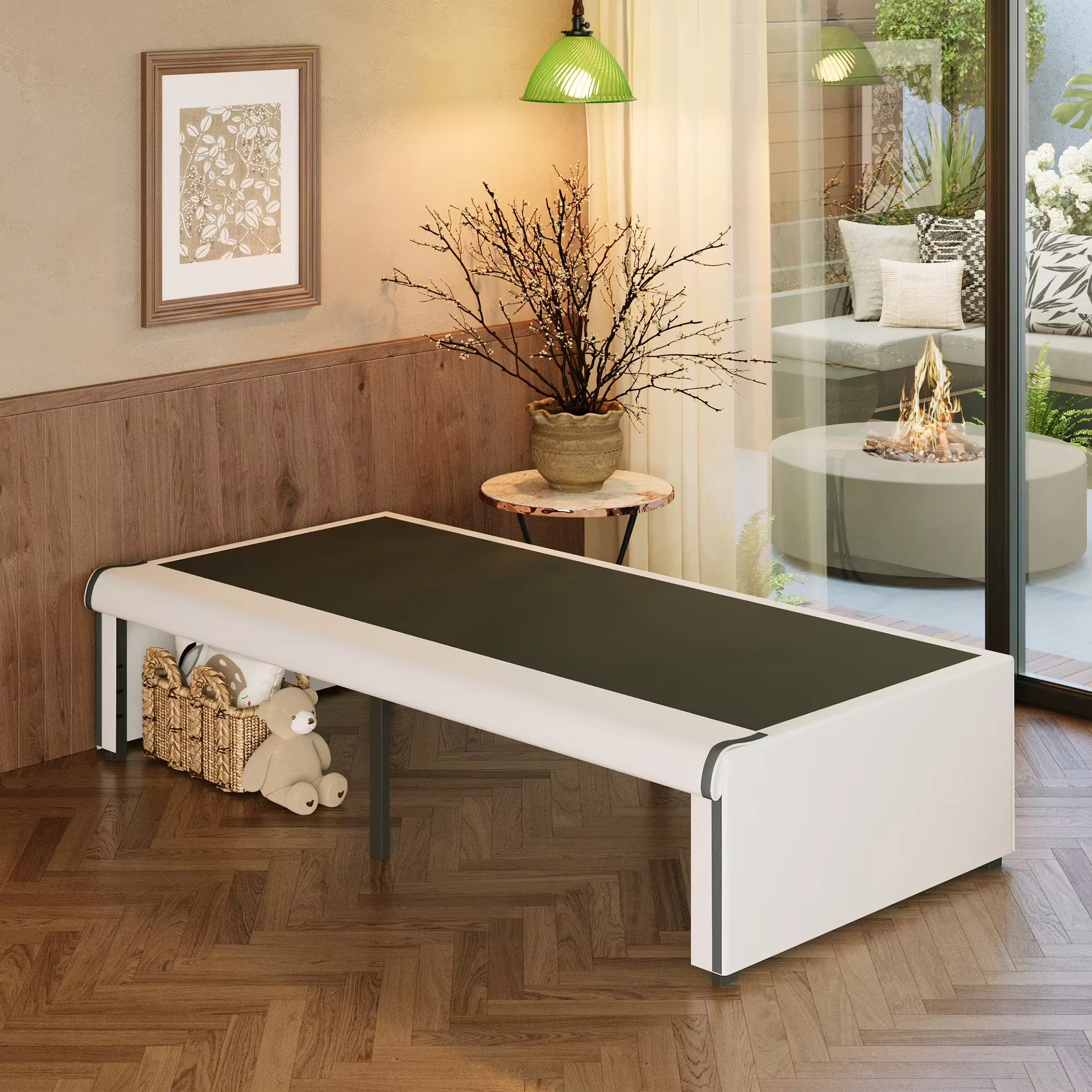 Maenizi 16 Inch Twin Bed Frames with White Skirt Cover, Metal Twin Size Bed Frame with Storage, Heavy Duty, No Box Spring Needed, Easy Assembly, Noise Free, Mattress Foundation