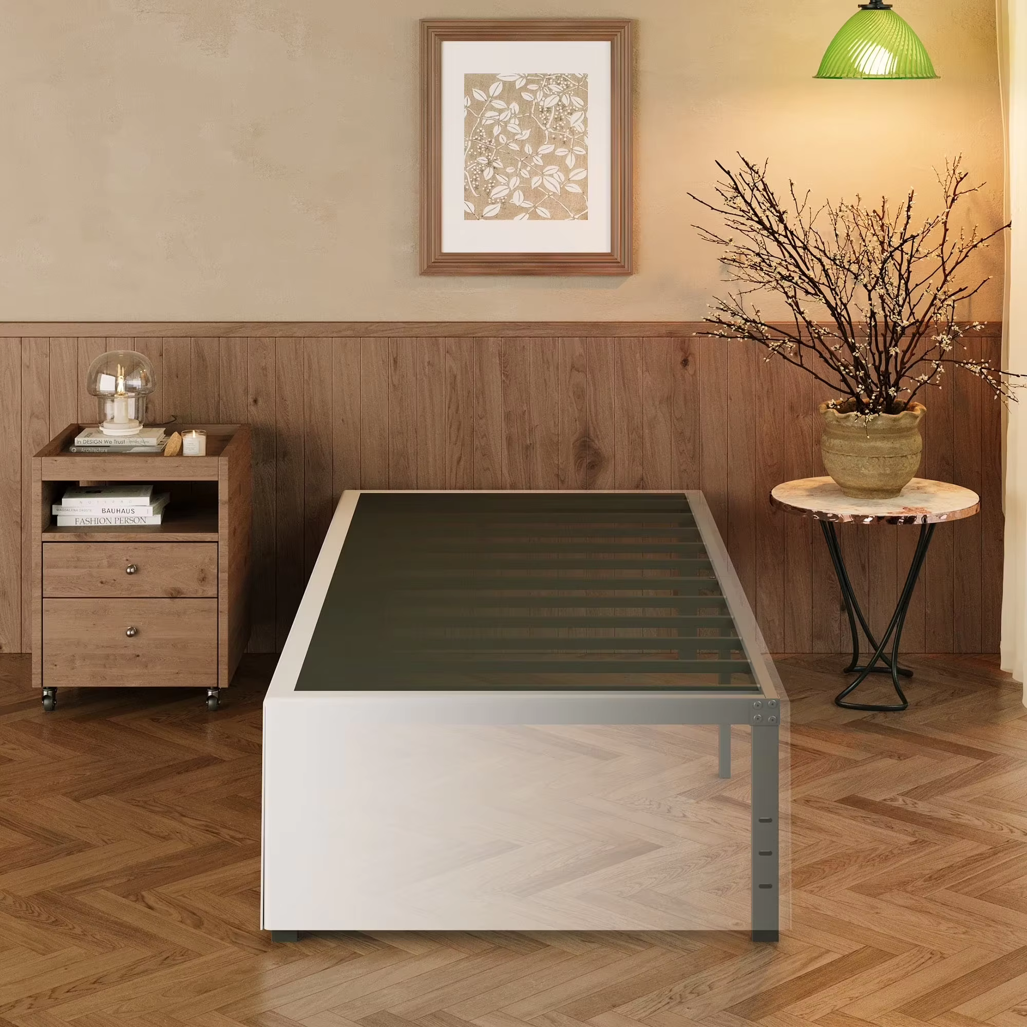 Maenizi 16 Inch Twin Bed Frames with White Skirt Cover, Metal Twin Size Bed Frame with Storage, Heavy Duty, No Box Spring Needed, Easy Assembly, Noise Free, Mattress Foundation