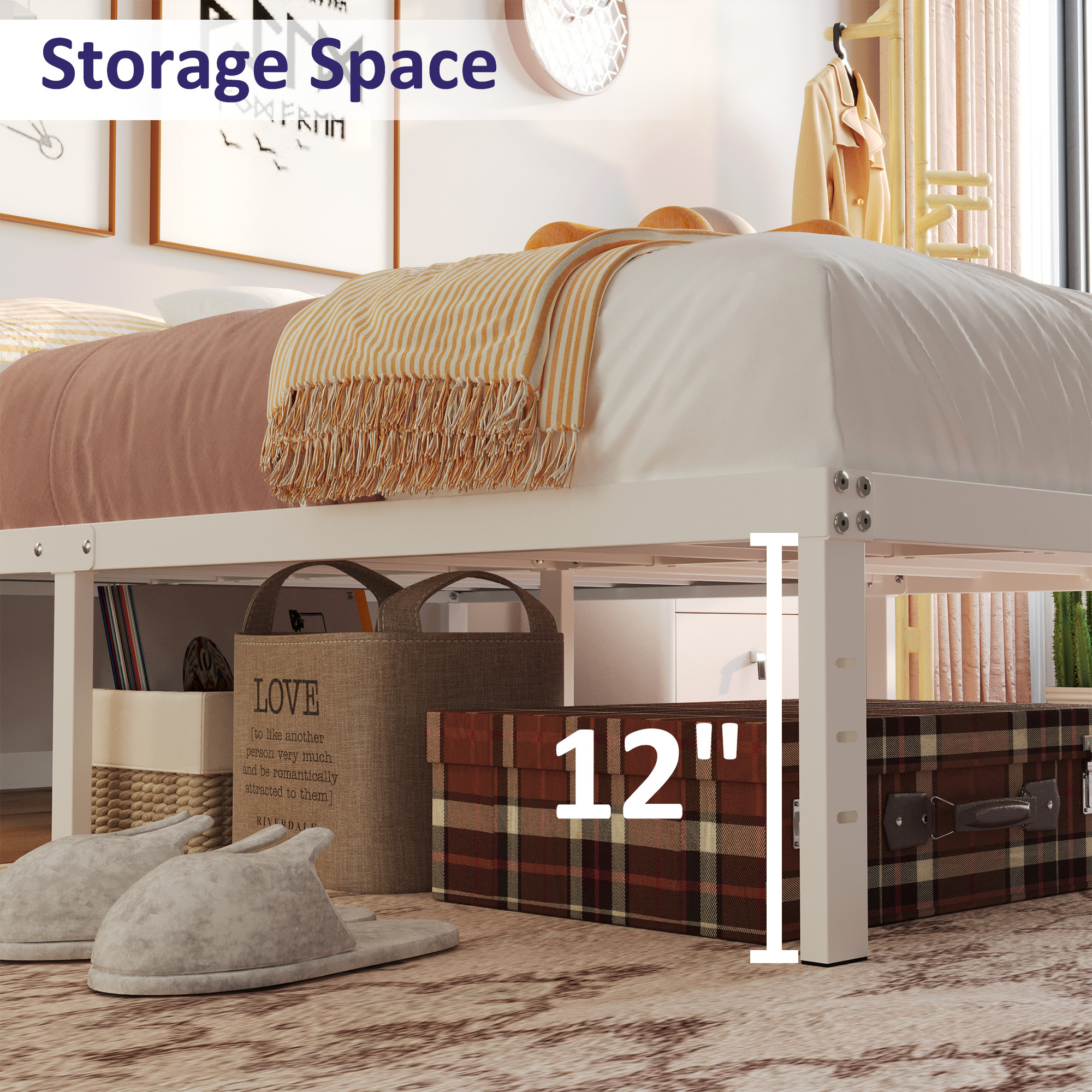 Maenize 12 inch Bed Frame Heavy Duty Metal Platform No Box Spring Needed, Maximum Storage, Easy Assembly, Noise Free, White