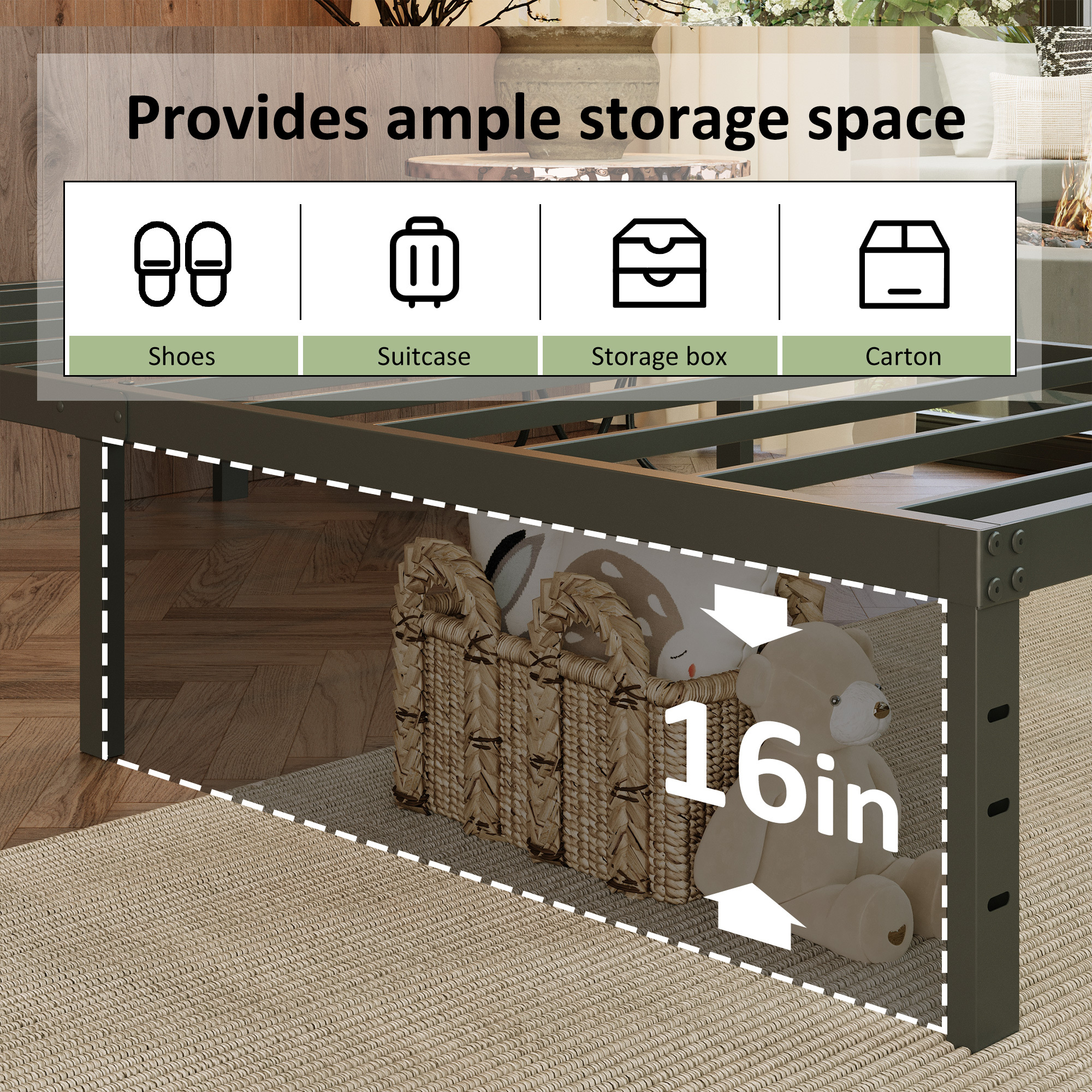 Maenizi 18 Inch Twin Bed Frames with White Skirt Cover, Metal Twin Size Bed Frame with Storage, Heavy Duty, No Box Spring Needed, Easy Assembly, Noise Free, Mattress Foundation