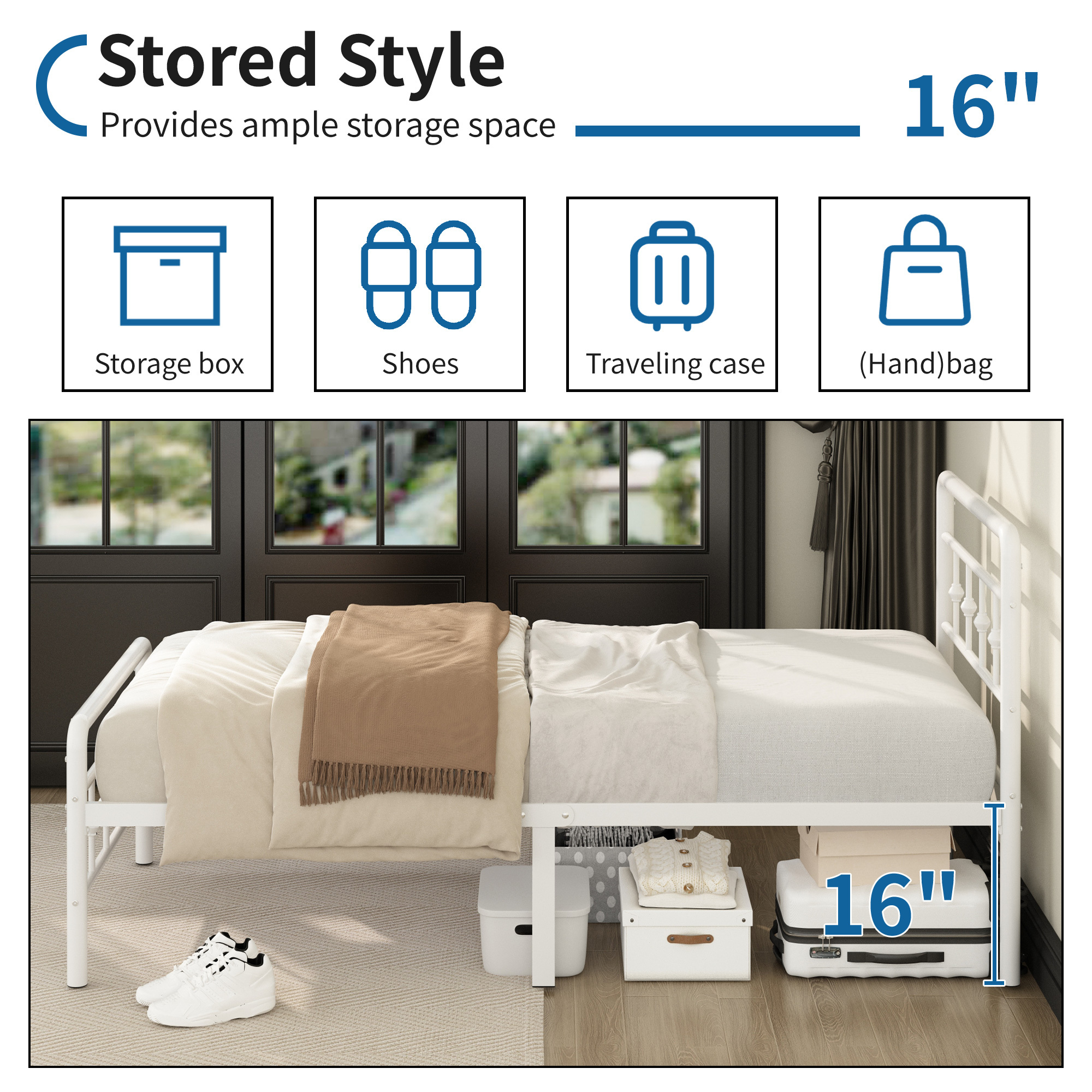 Maenizi 18 inch Bed Frames with Headboard and Footboard, Heavy Duty Metal Platform Bed Frame No Box Spring Needed, Easy Assembly, Under Bed Storage, Noise Free, White