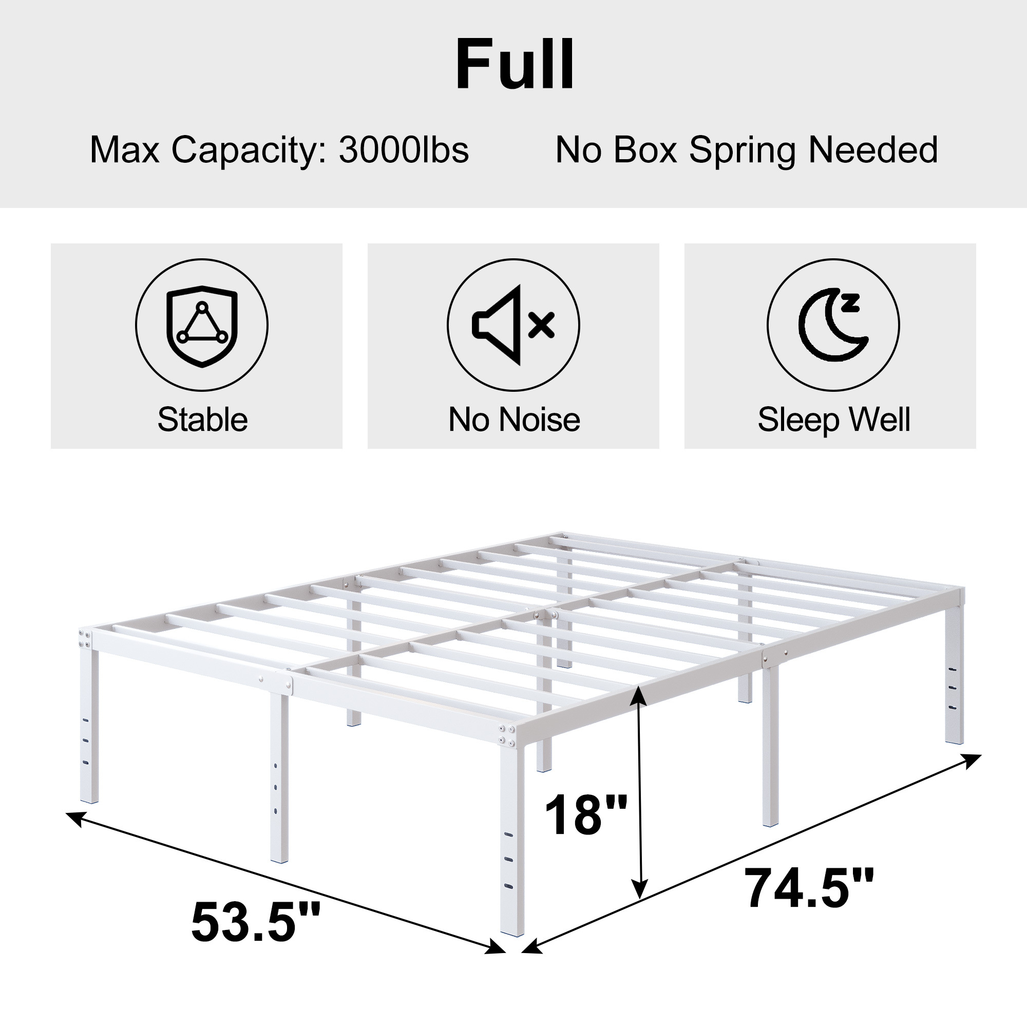 Maenize 18 inch Bed Frame Heavy Duty Metal Platform No Box Spring Needed, Maximum Storage, Easy Assembly, Noise Free, White