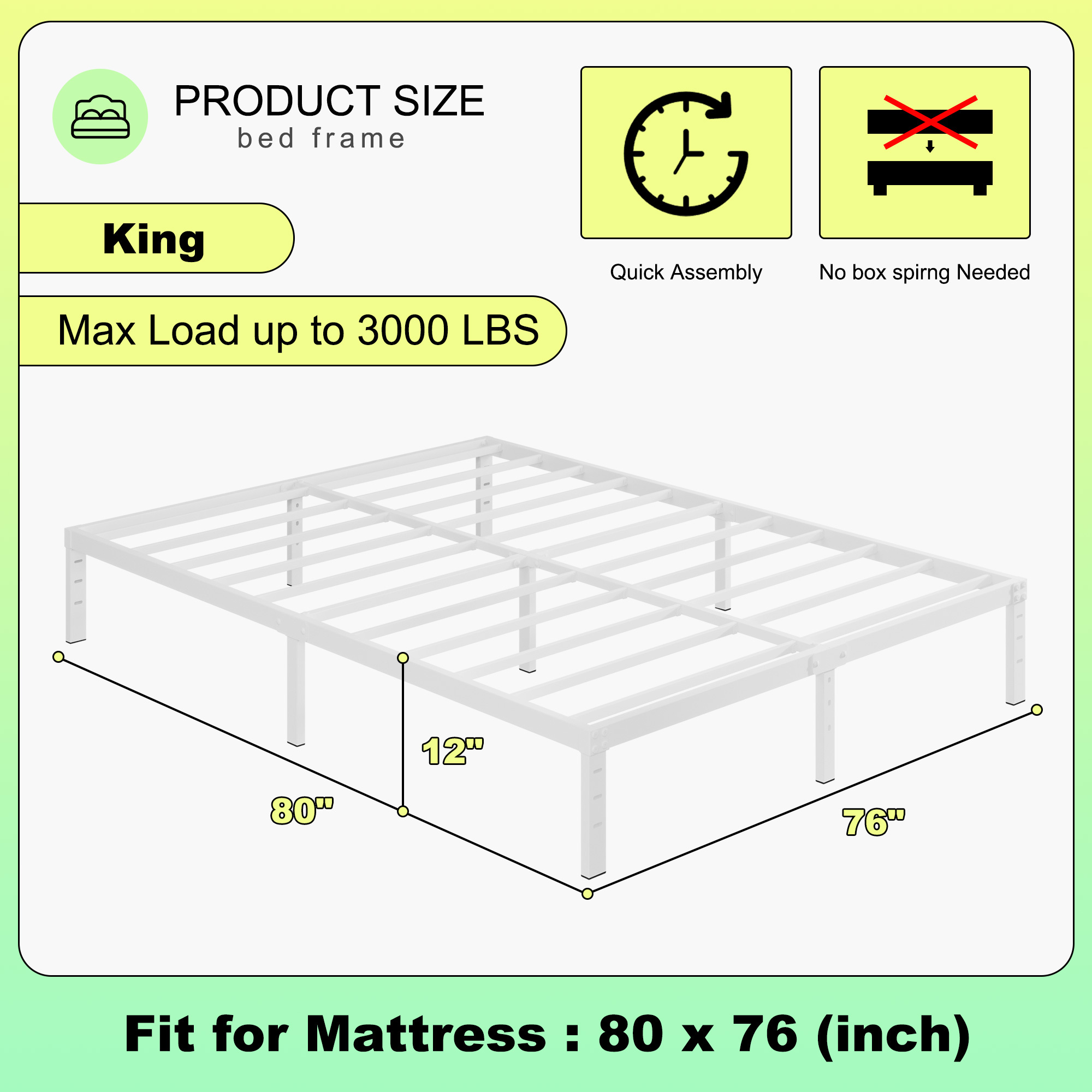 Maenize 12 inch Queen Bed Frame Heavy Duty Metal Platform No Box Spring Needed, Maximum Storage, Easy Assembly, Noise Free, White