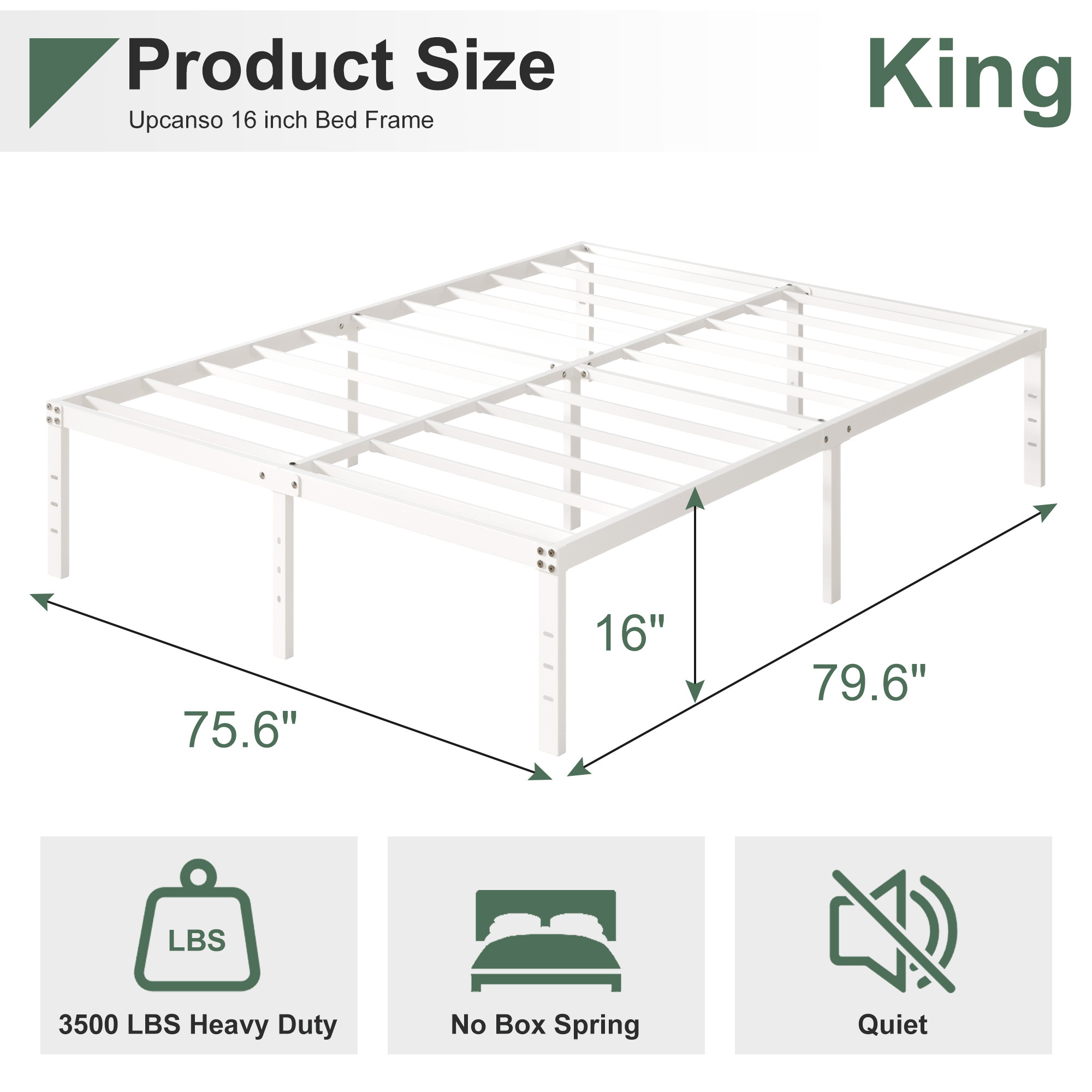 Maenize 16 inch Queen Bed Frame Heavy Duty Metal Platform No Box Spring Needed, Maximum Storage, Easy Assembly, Noise Free, White