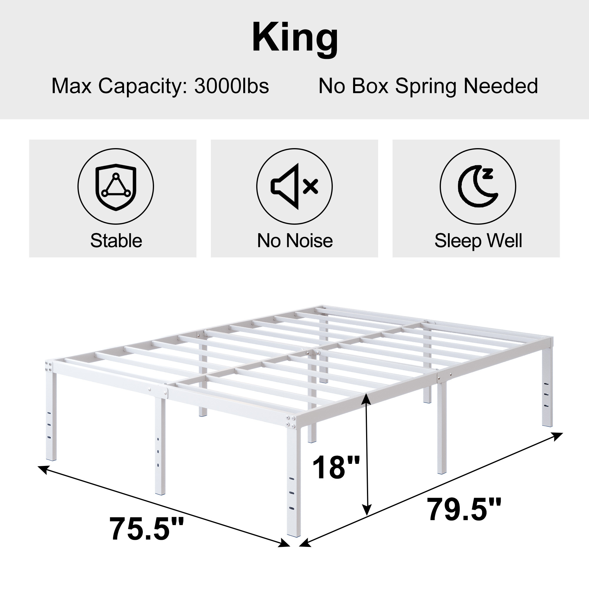 Maenize 18 inch Bed Frame Heavy Duty Metal Platform No Box Spring Needed, Maximum Storage, Easy Assembly, Noise Free, White