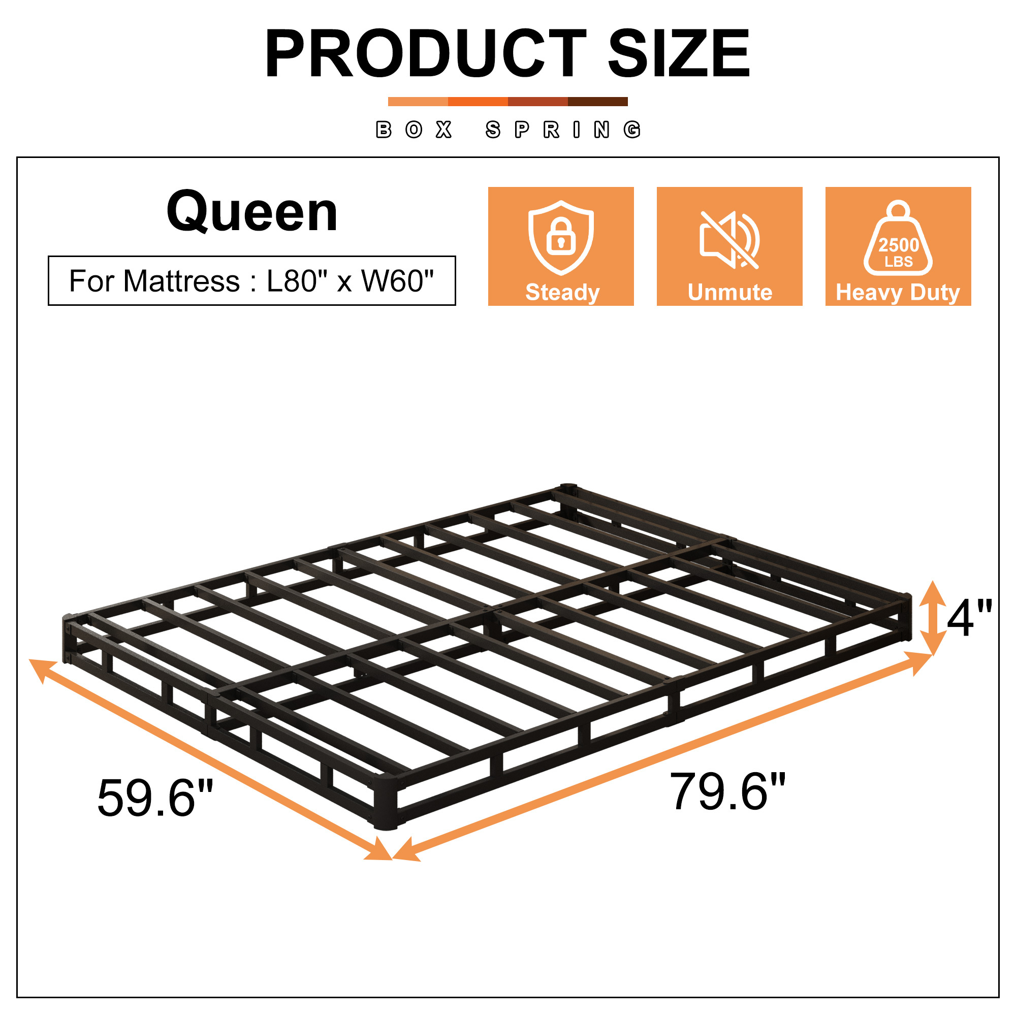 Maenizi 4 inch Low Profile Box Spring, Heavy Duty Metal with Fabric Cover, Easy Assembly, Noise Free, Black