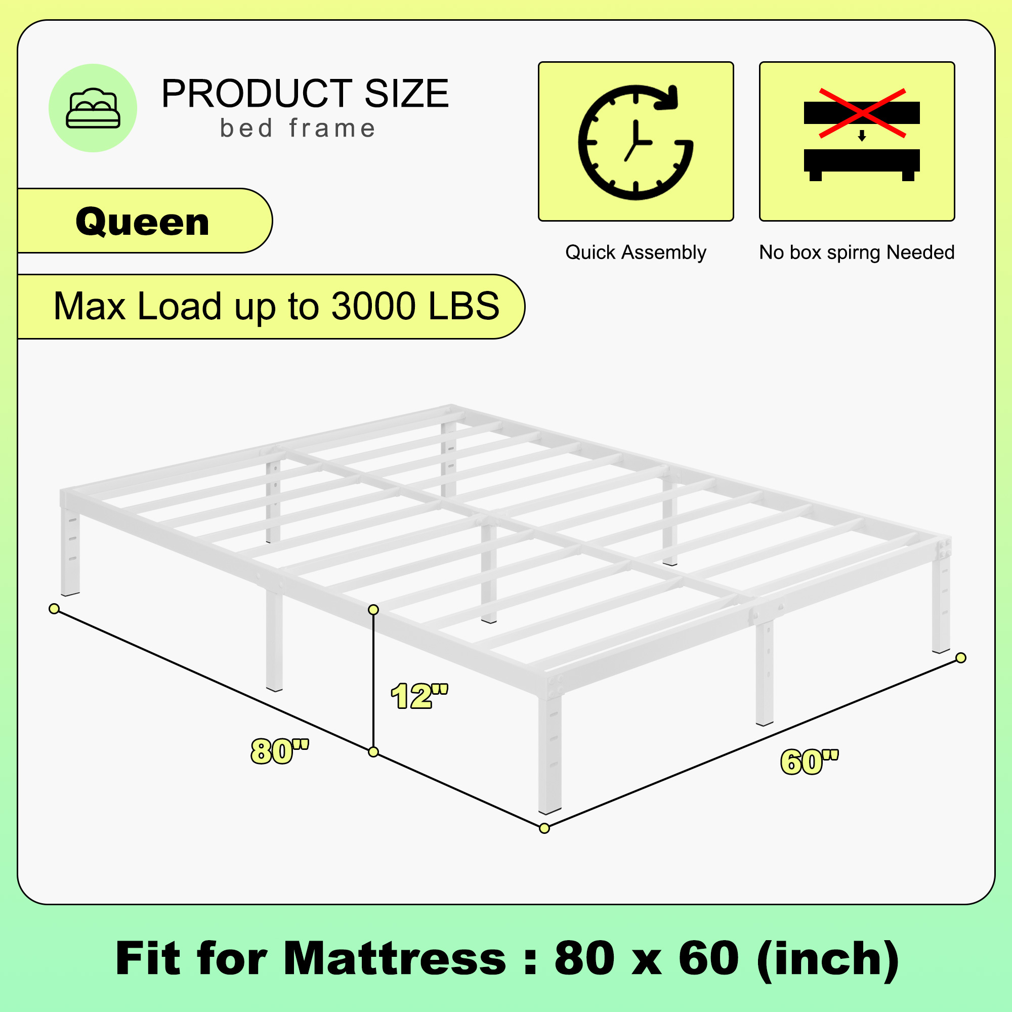 Maenize 12 inch Queen Bed Frame Heavy Duty Metal Platform No Box Spring Needed, Maximum Storage, Easy Assembly, Noise Free, White