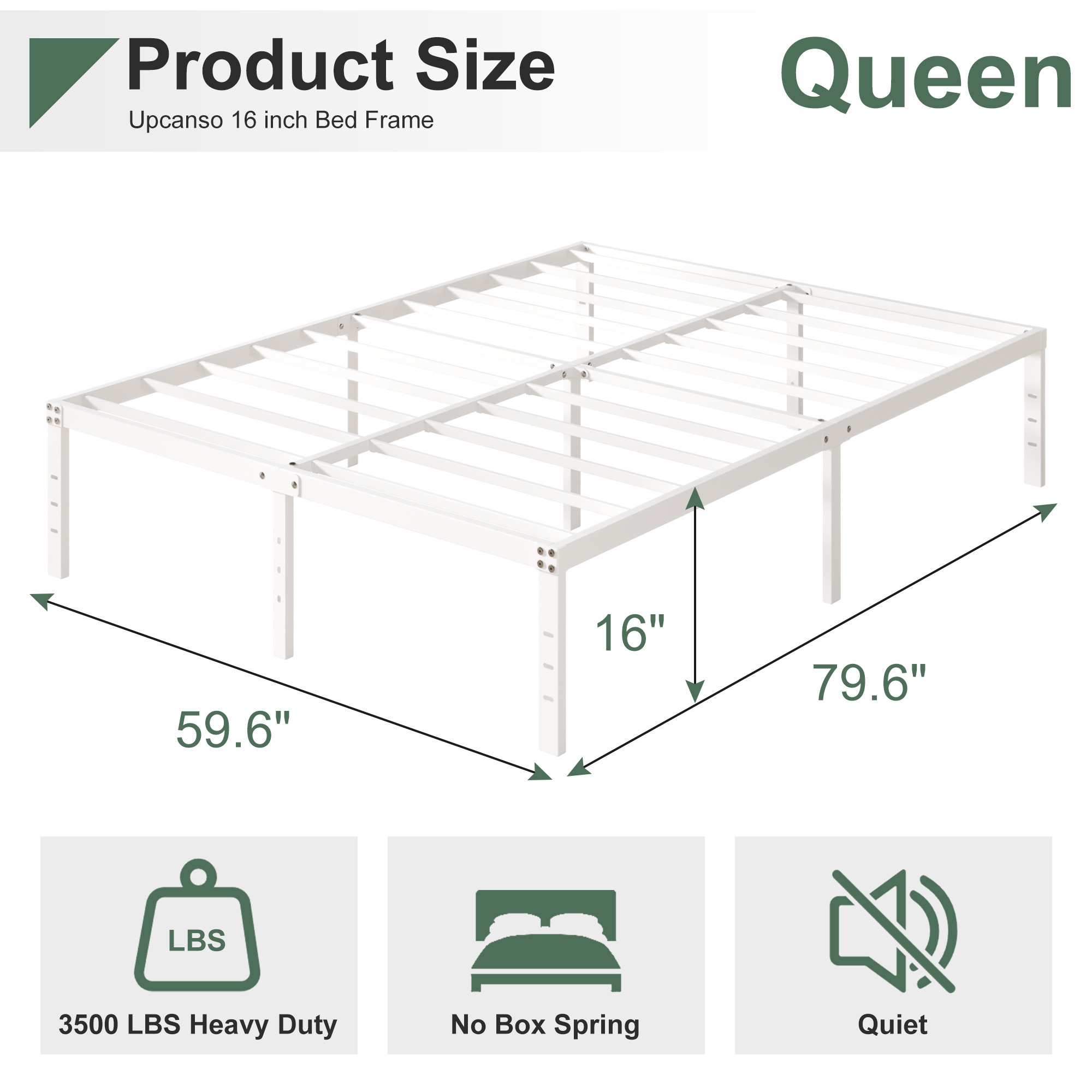 Maenize 16 inch Queen Bed Frame Heavy Duty Metal Platform No Box Spring Needed, Maximum Storage, Easy Assembly, Noise Free, White
