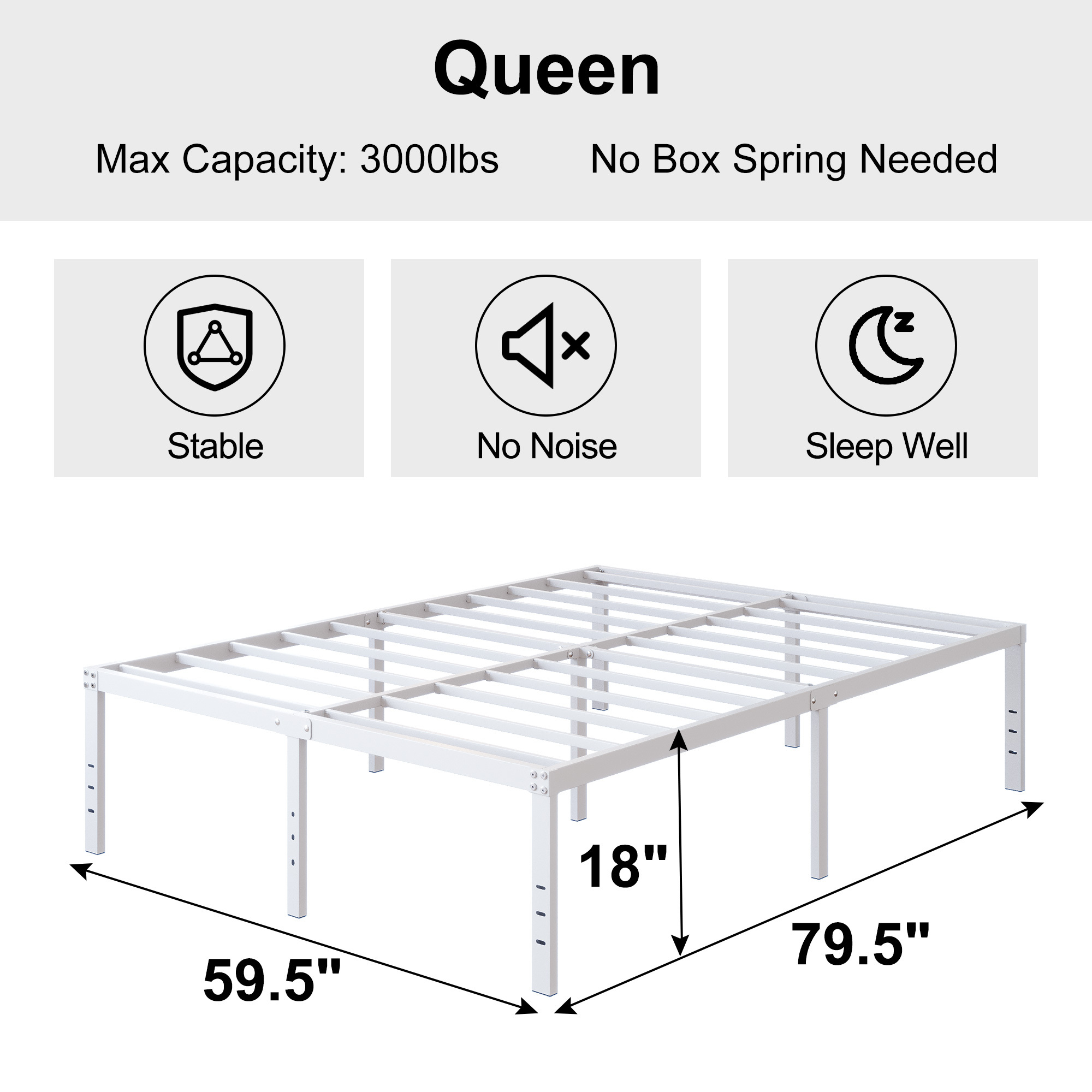 Maenize 18 inch Bed Frame Heavy Duty Metal Platform No Box Spring Needed, Maximum Storage, Easy Assembly, Noise Free, White