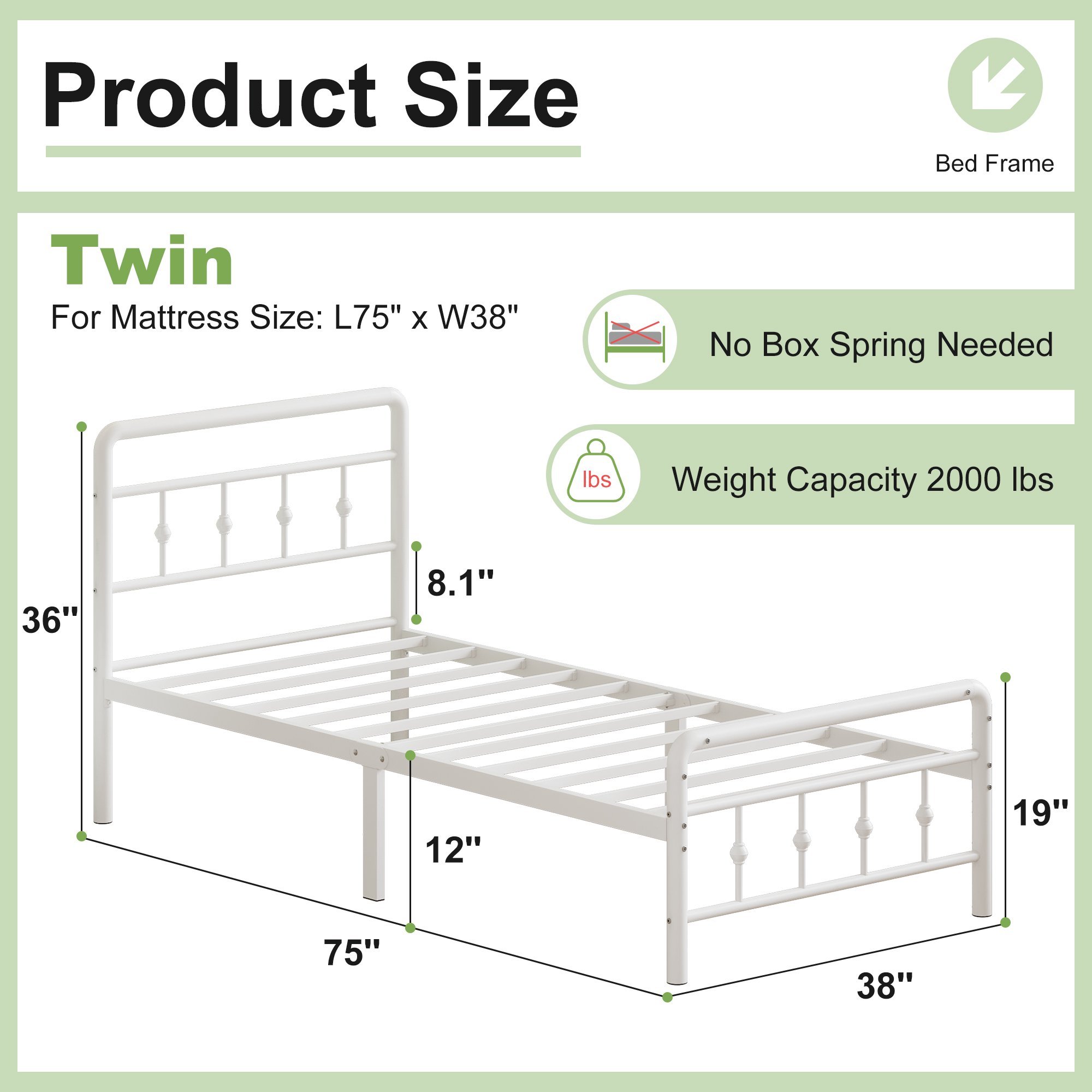 Maenizi 18 inch Bed Frames with Headboard and Footboard, Heavy Duty Metal Platform Bed Frame No Box Spring Needed, Easy Assembly, Under Bed Storage, Noise Free, White