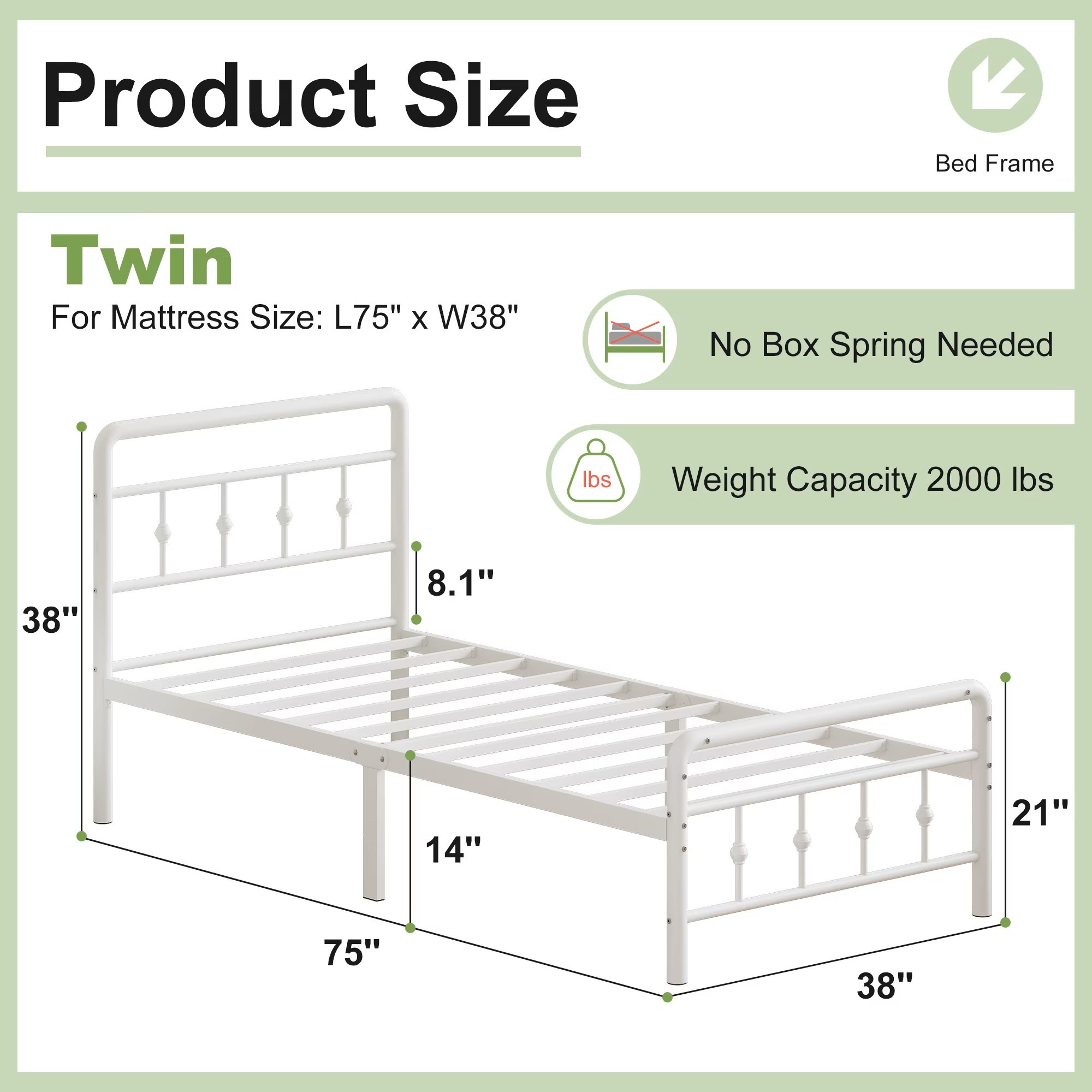 Maenizi 12 inch Bed Frames with Headboard and Footboard, Heavy Duty Metal Platform Bed Frame No Box Spring Needed, Easy Assembly, Under Bed Storage, Noise Free, White